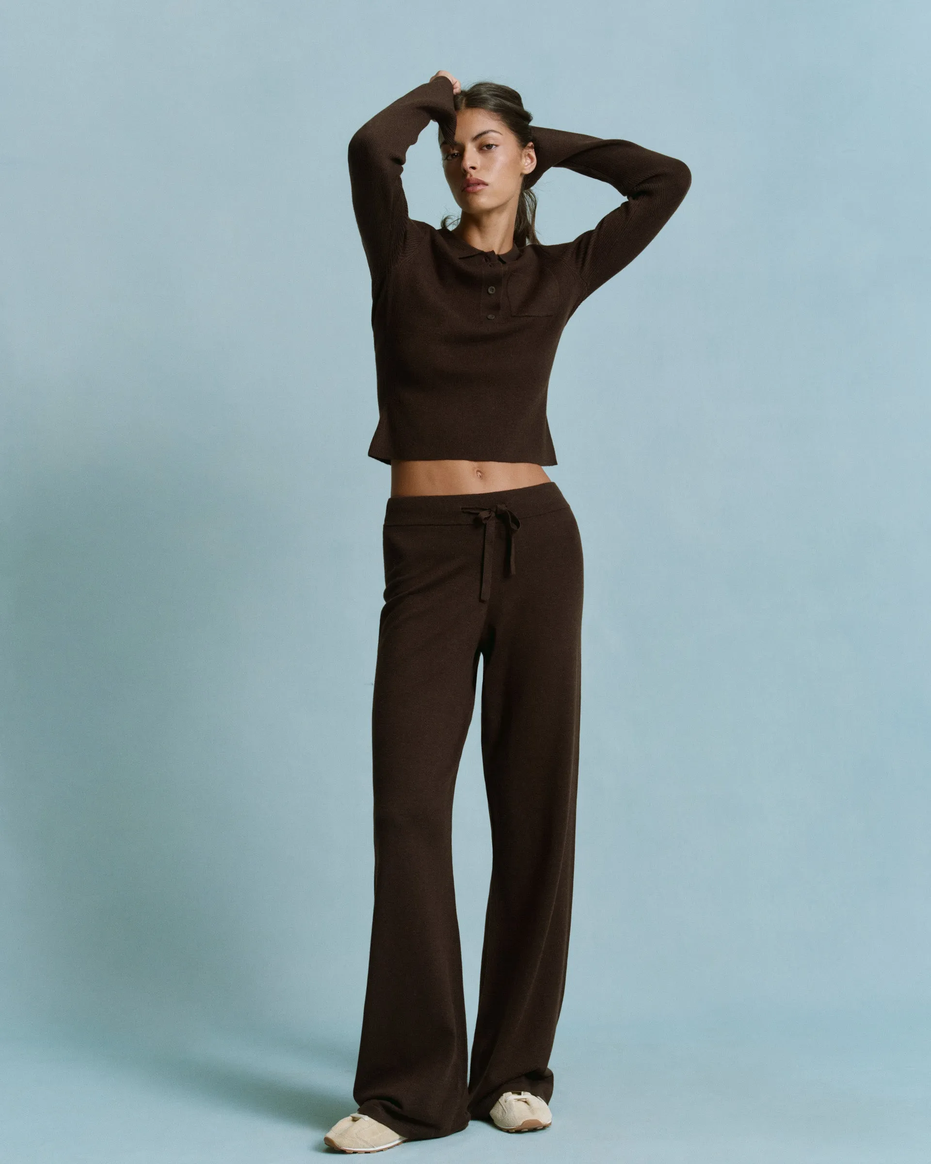 Subtle Fit Knit Long Sleeve Button Up Top - Coffee Bean