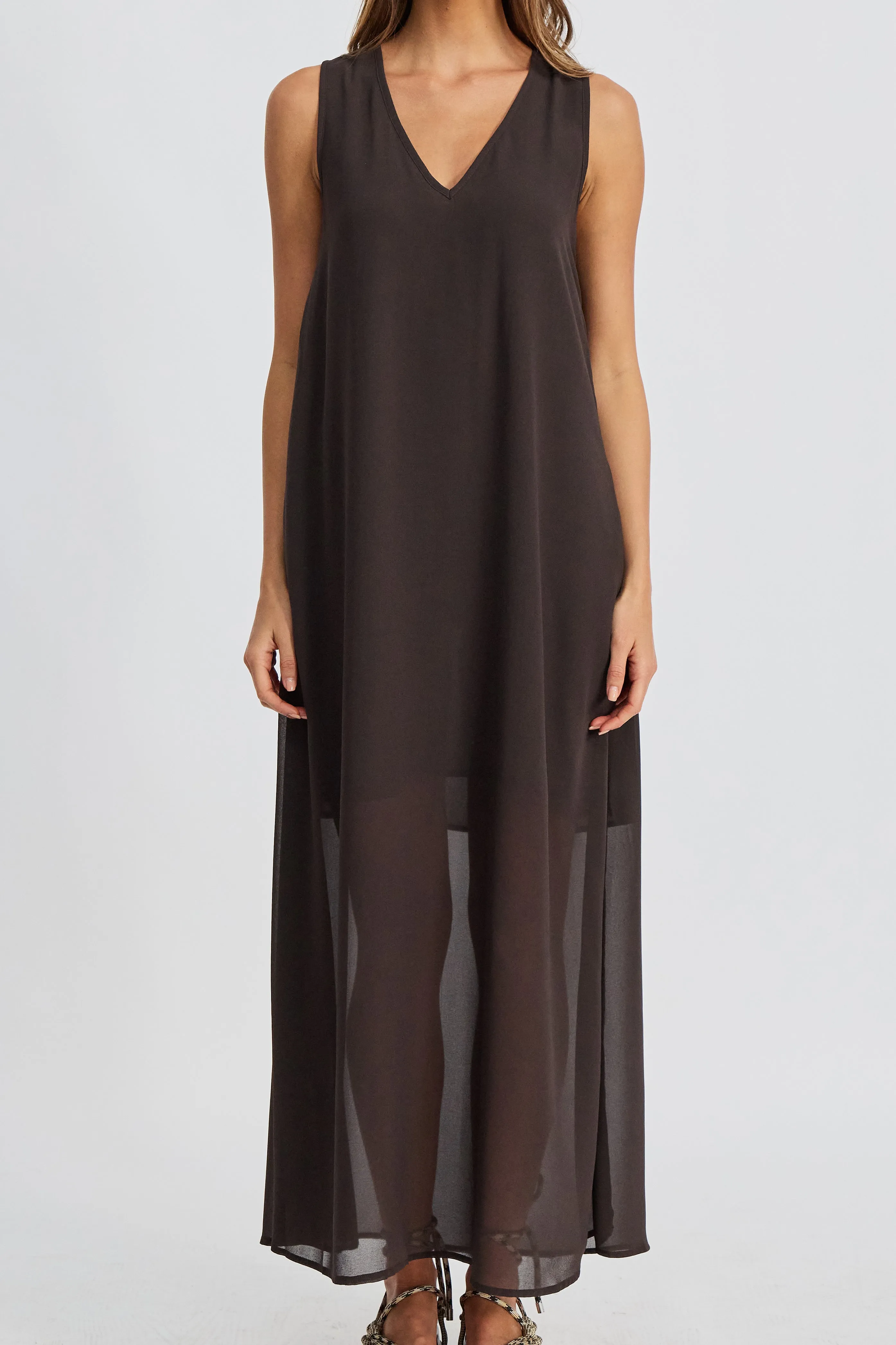 Kyro Chiffon Midi Dress - Espresso snap on hospital friendly