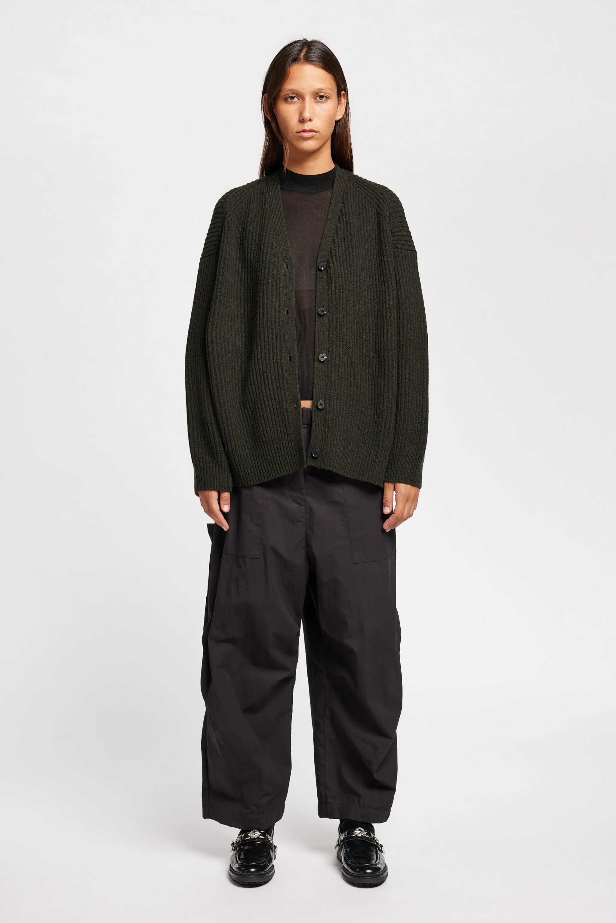 Pause Ribbed Cardigan Darkest Green Zigzag Stitch Detail