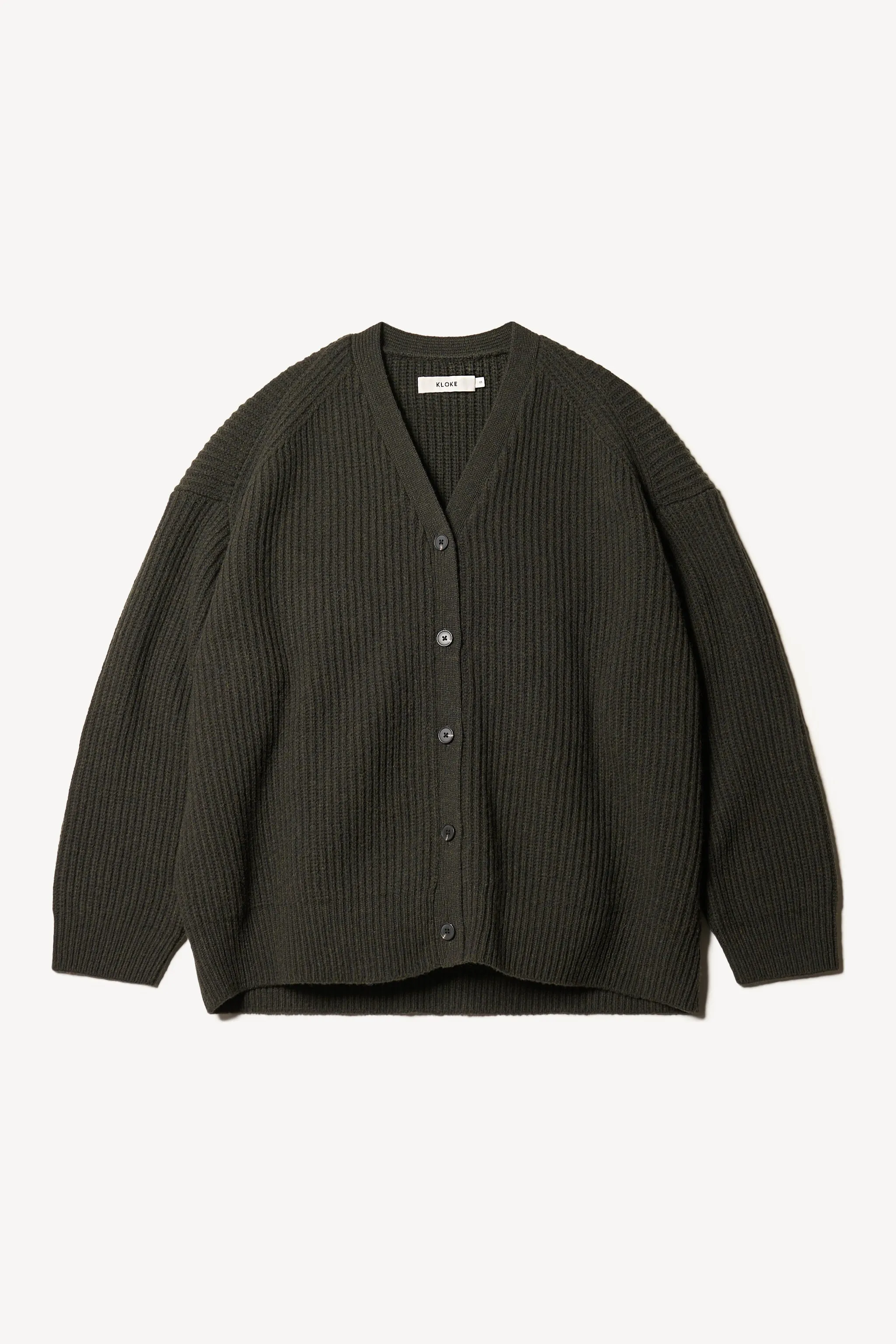 Pause Ribbed Cardigan Darkest Green Stain Release Coating EcoConscious Manufacturing