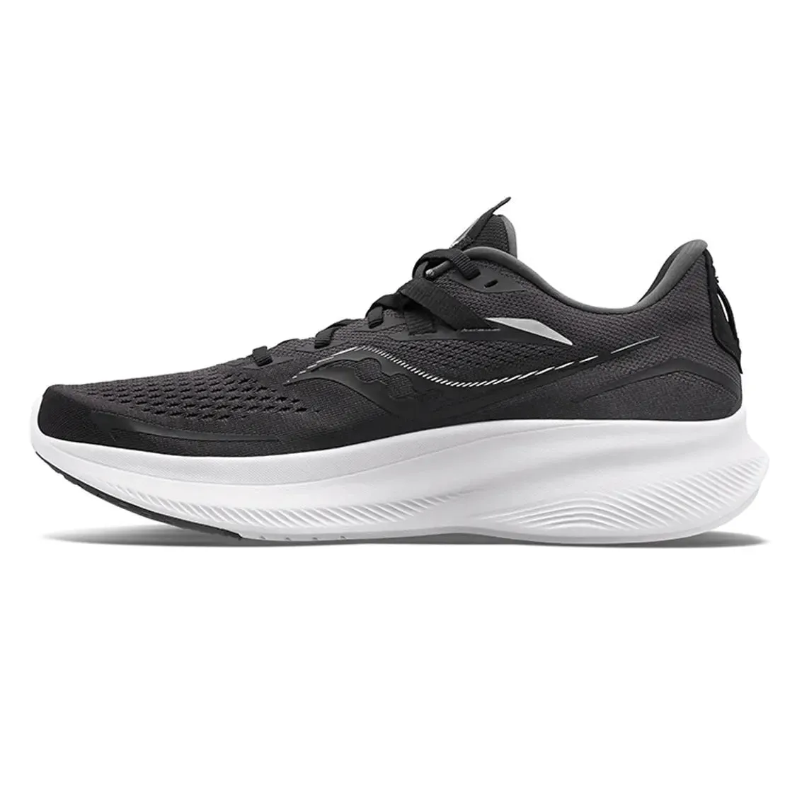 upcycled - material - feature shoes Dynamic Rebound Technology Womens Saucony Ride 15 (Wide) - Black / White