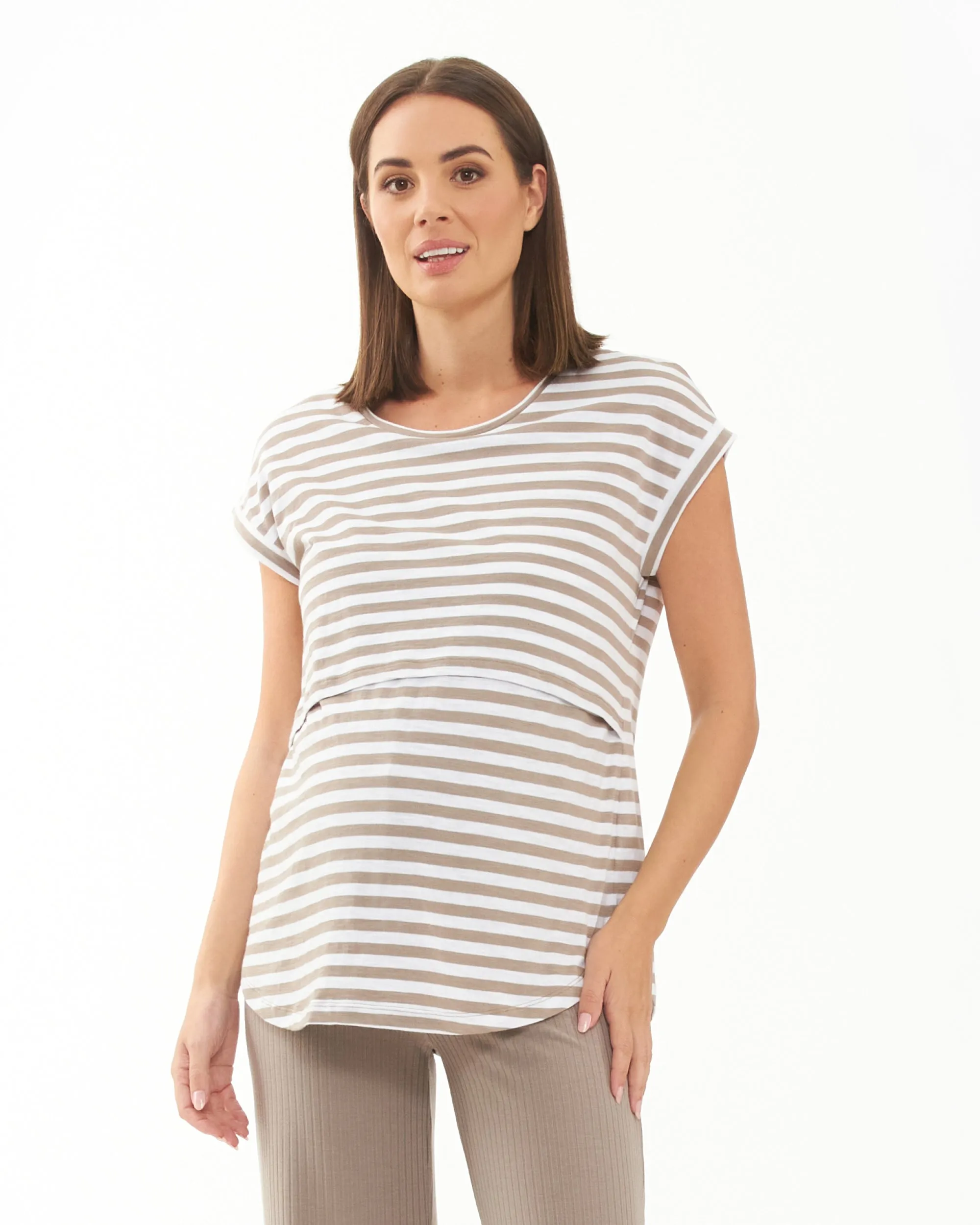 mom to be Button front Lionel Nursing Tee Taupe / White