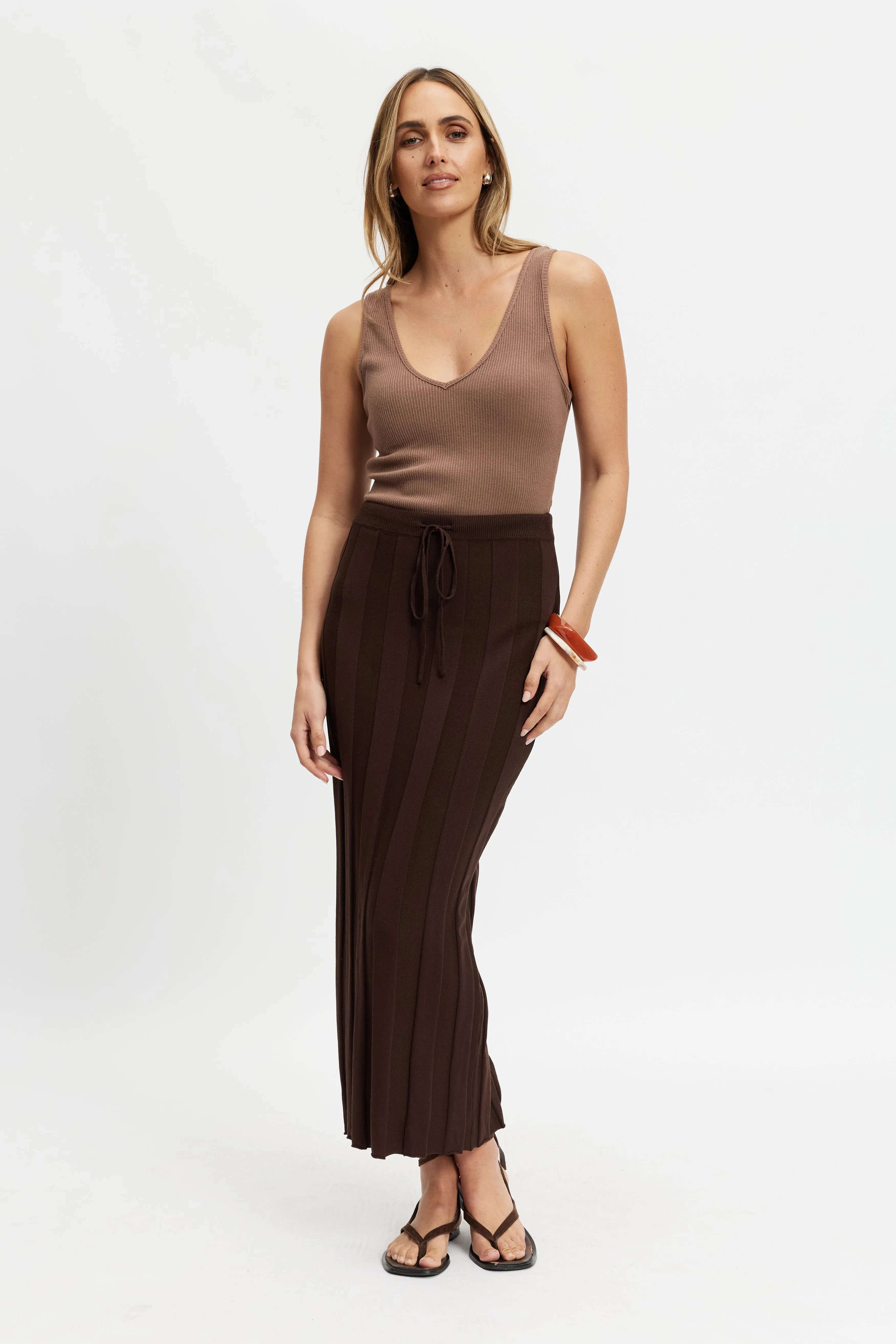 Soft Fabric Multipurpose Use Lulu Column Knit Midi Skirt - Chocolate