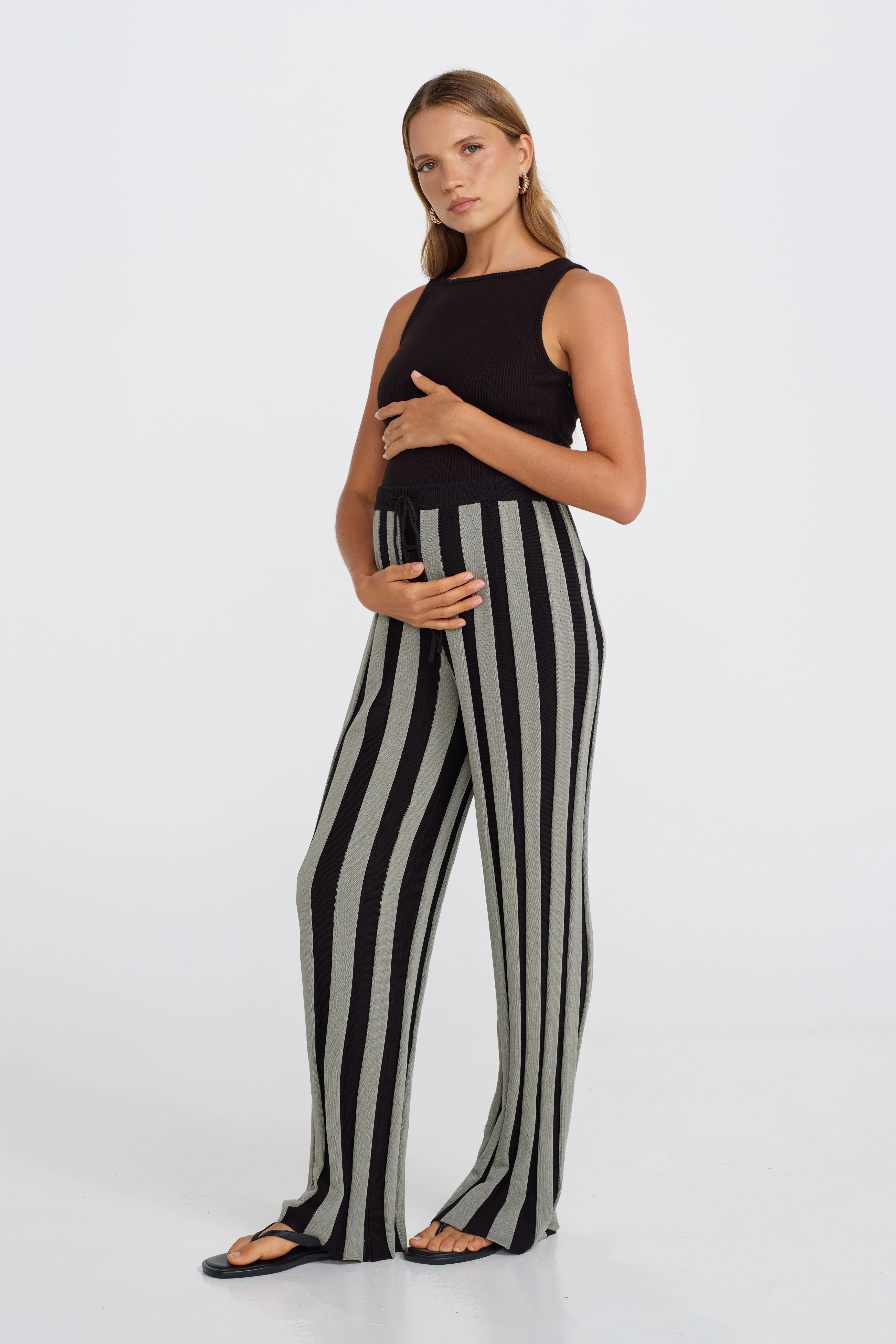 Lulu Stripe Knit Pants - Black / Khaki Matching Set