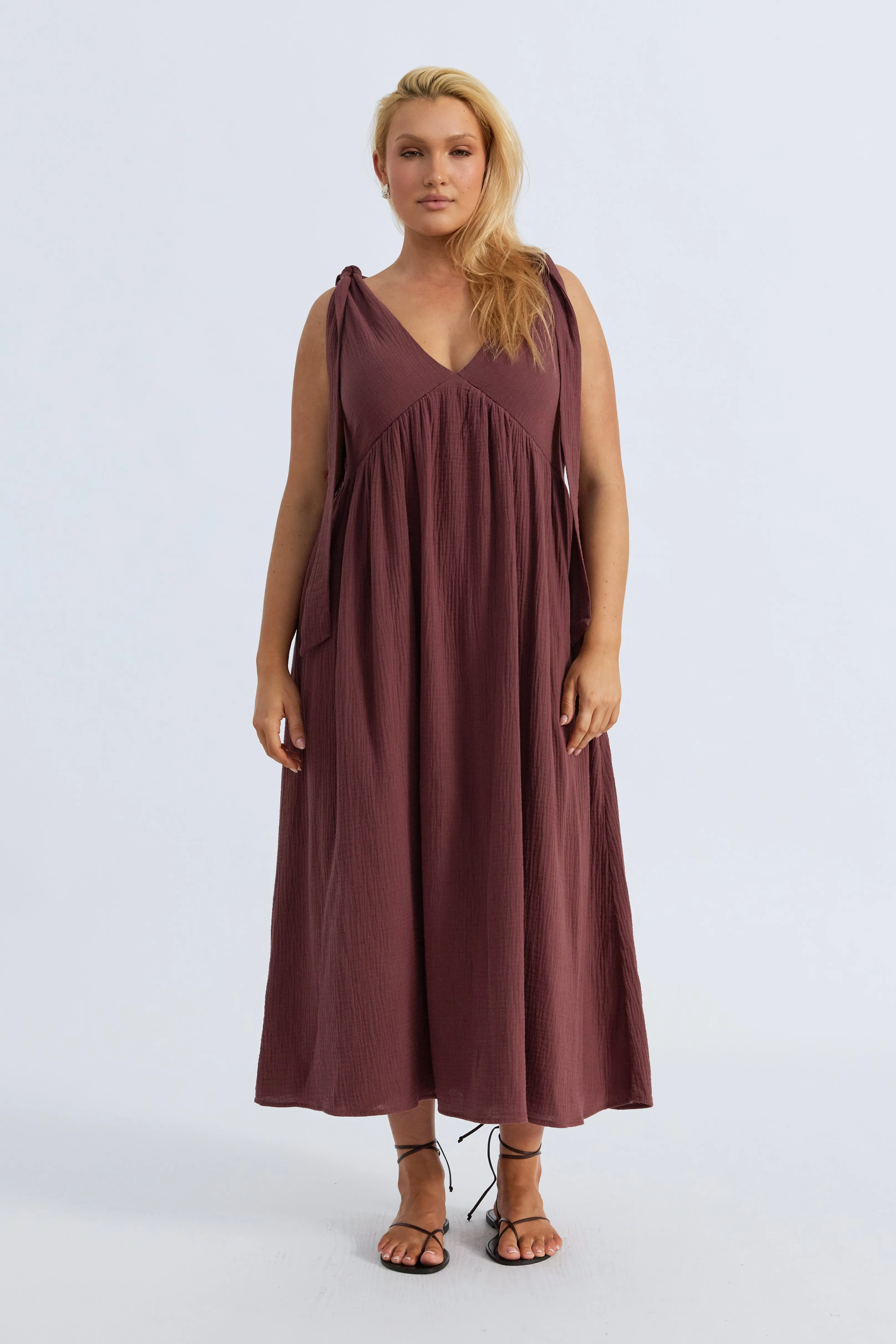 Mallorca Babydoll Midi Dress - Mulberry snap closure