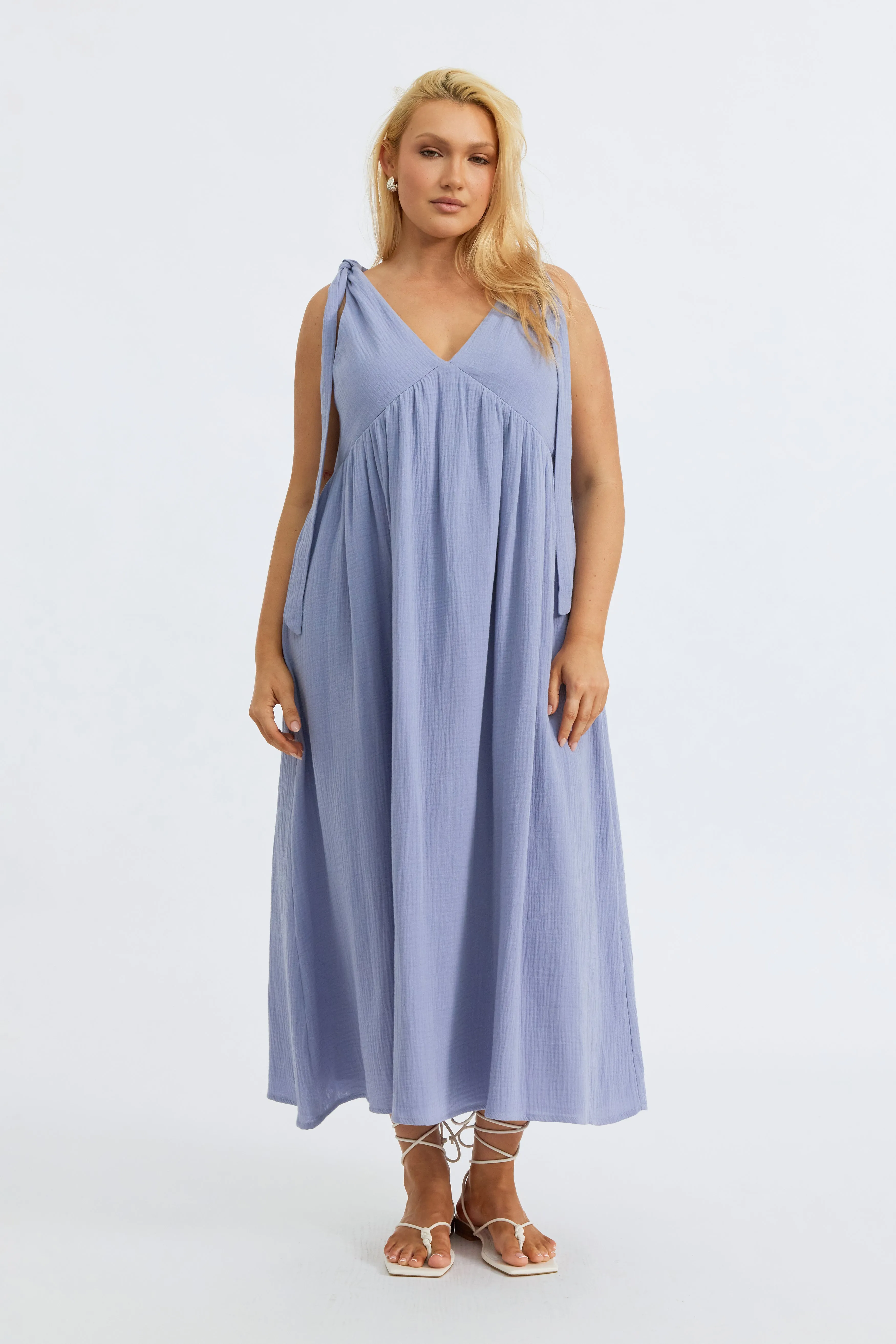 Mallorca Babydoll Midi Dress - Violet Blue Functional Pockets