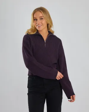 Marcelle Knit Plum Perfect Melange Minimalist Button Placket Soft Texture