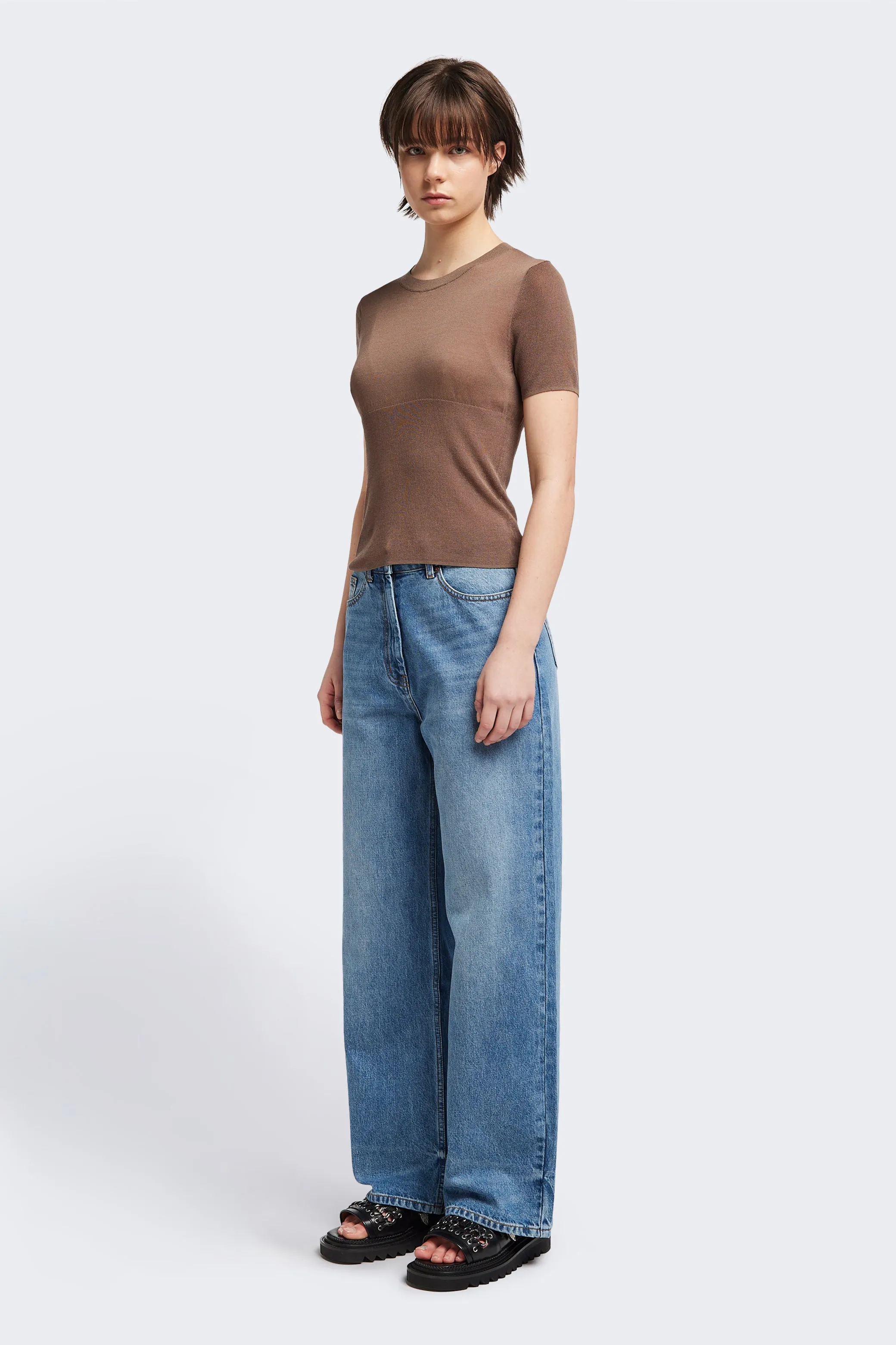 Office Casual Look Break Knit Top Taupe