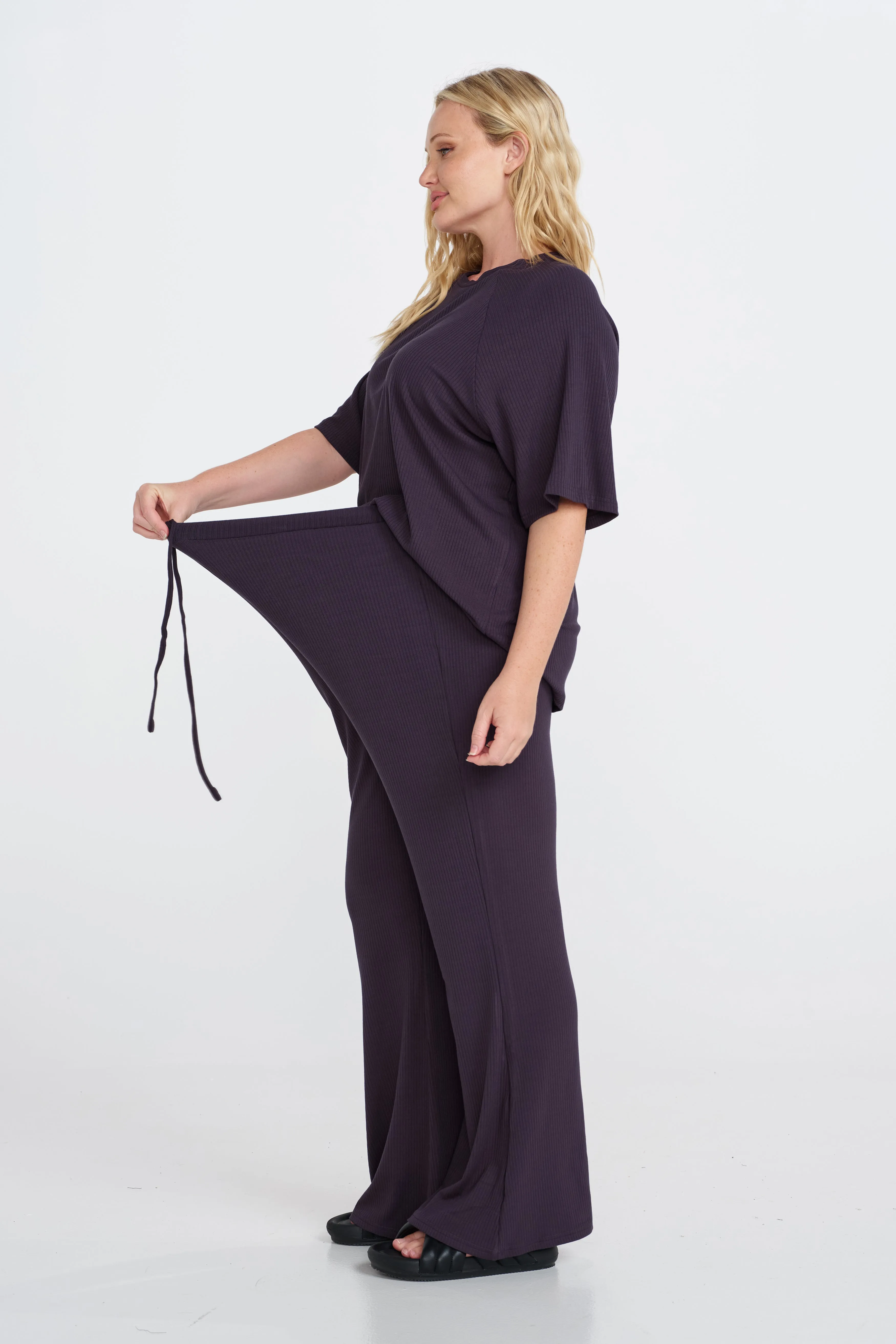 hospital essentials Lace Overlay Faith Ribbed Flare Pant - Navy
