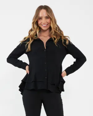 Evelyn Peplum Shirt  Black footless design Quick Access
