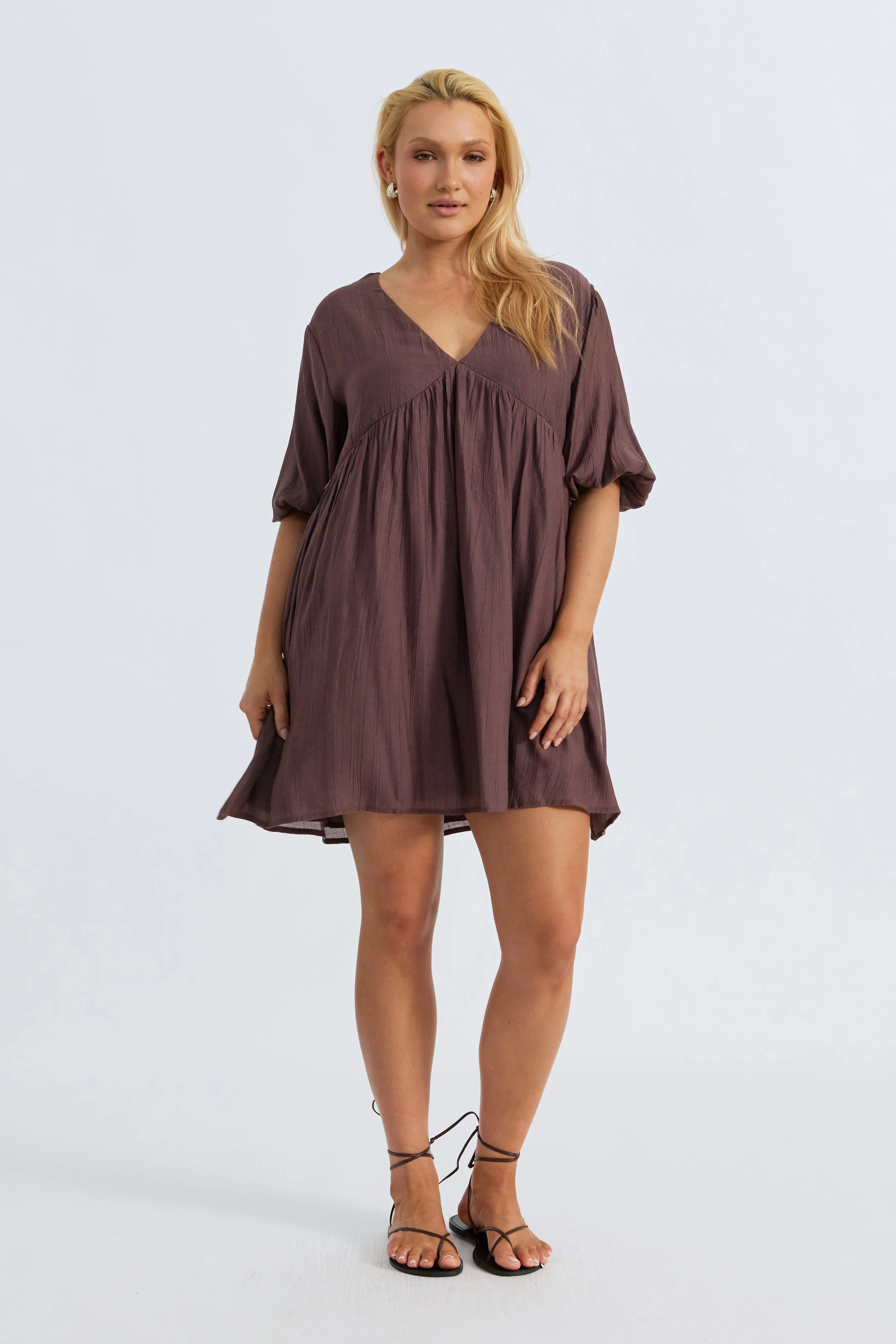 stretchy pants birth plan Capri Babydoll Mini Dress - Chocolate