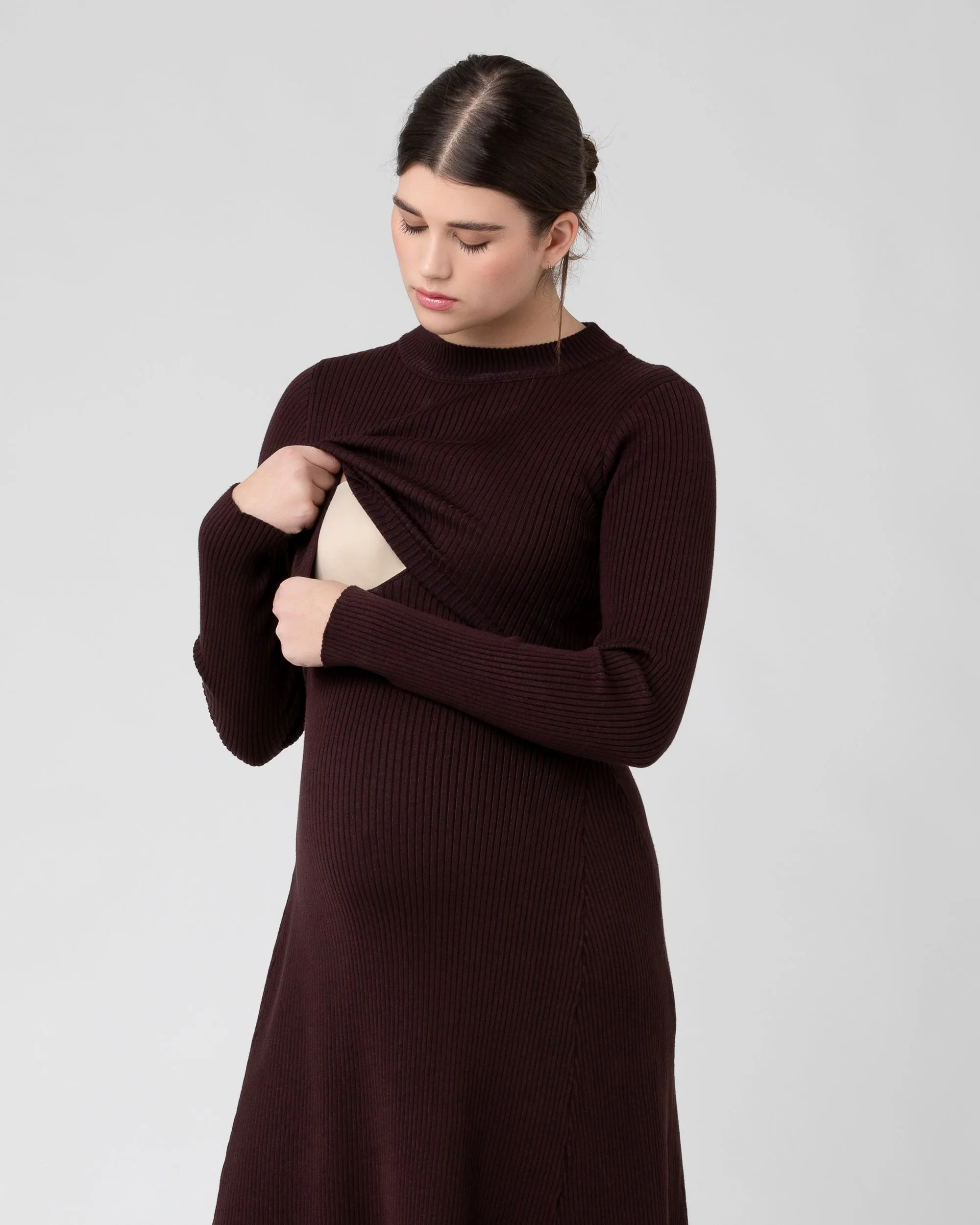 Hailey Rib Knit Nursing Dress Chocolate Soft Waistband Anti-Allergy
