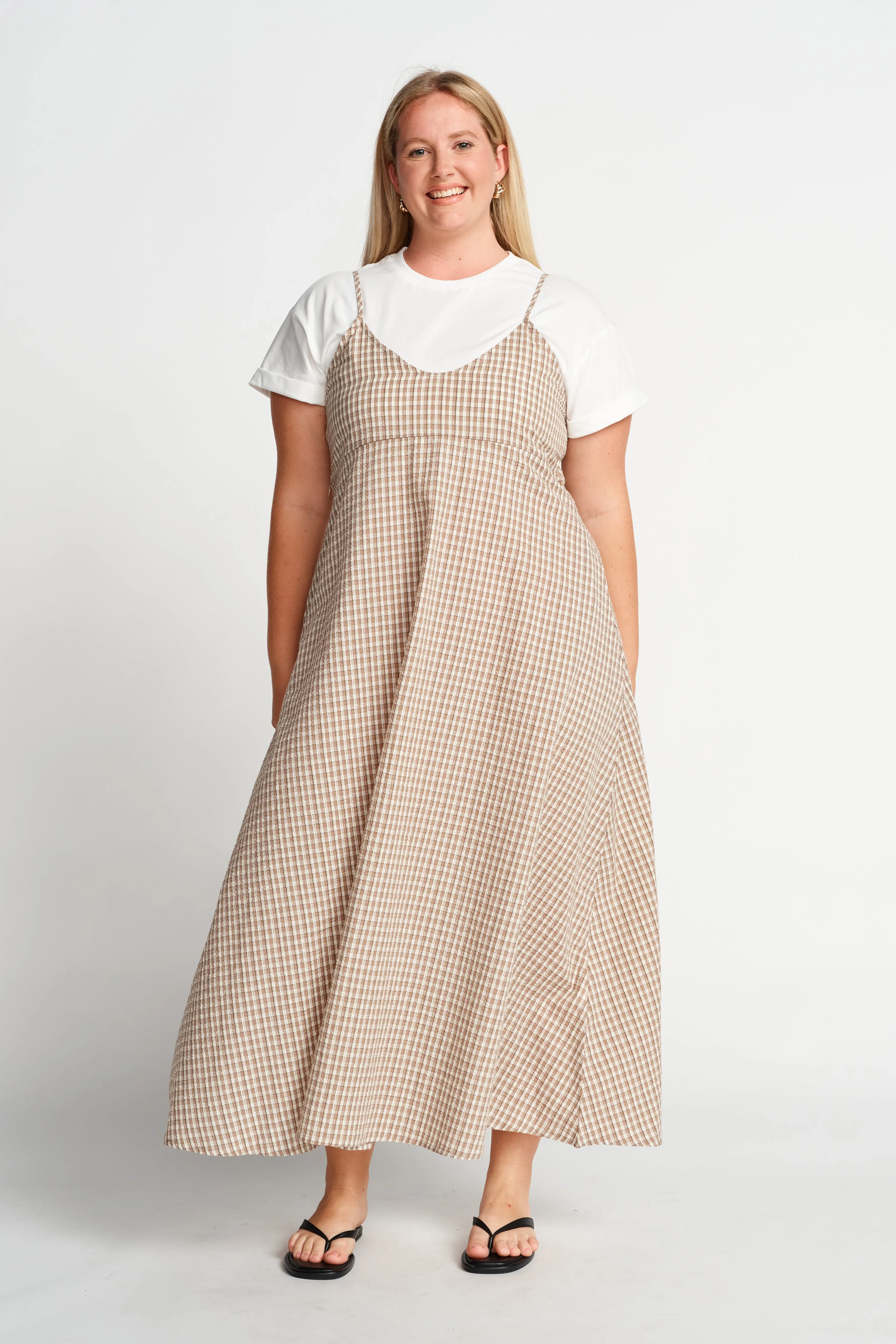 diaper bag ready Olivia Layered Two-Piece Babydoll Dress - White / Beige Plaid