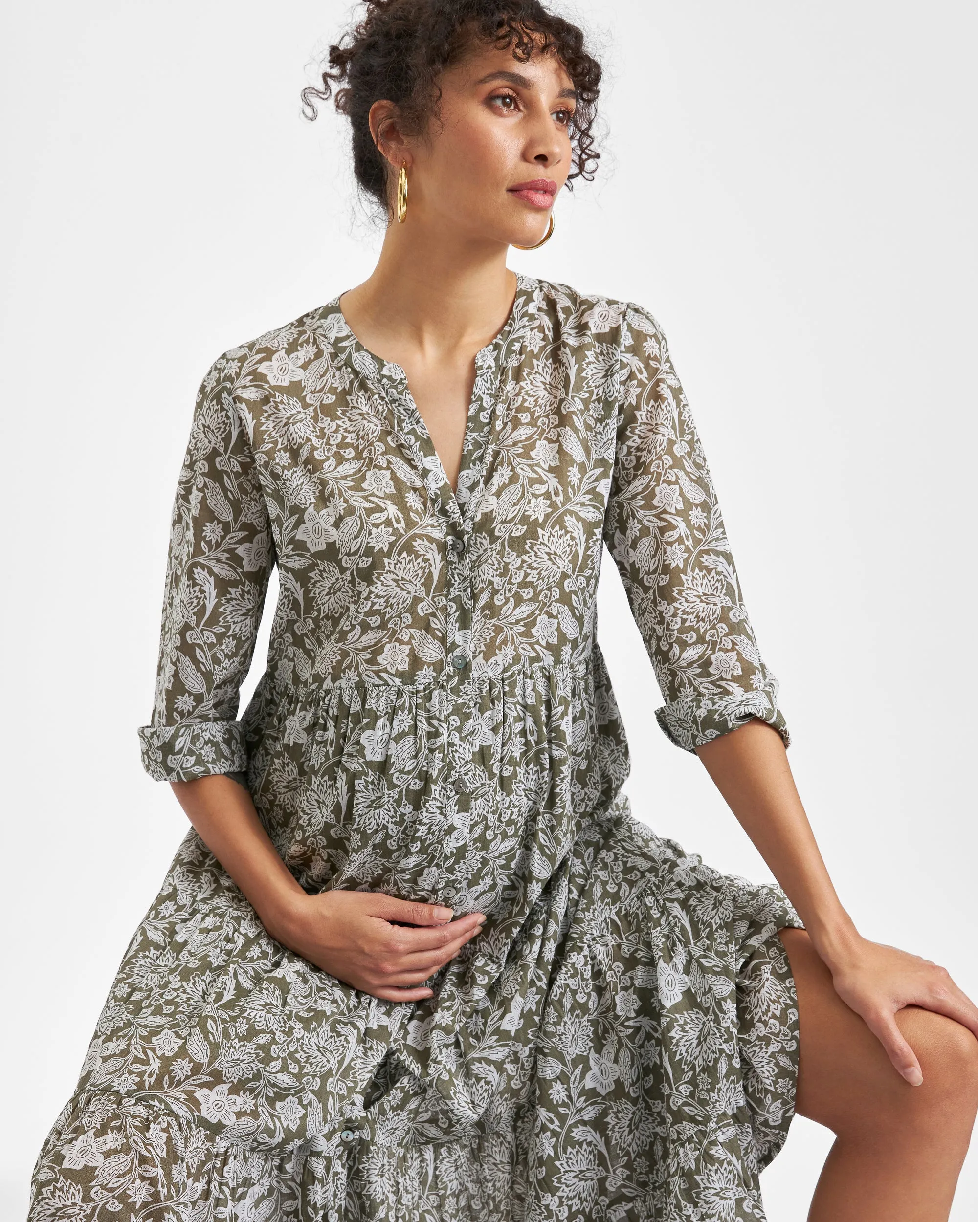 skin care safe Ezra Tiered Dress Olive / White