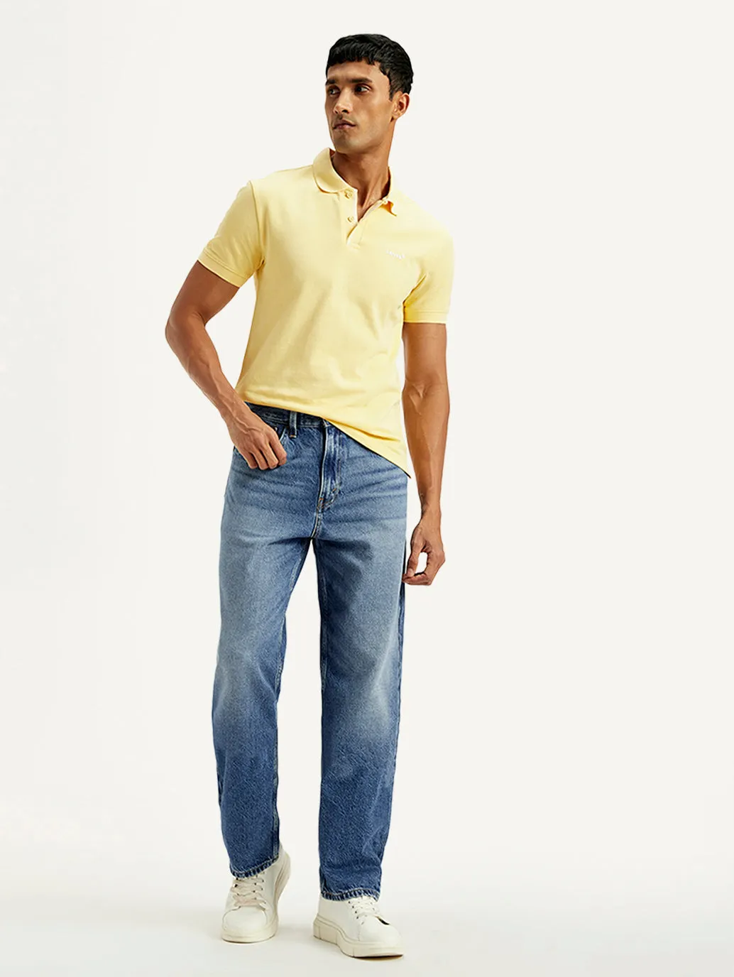 Men's 568 Blue Loose Fit Mid Rise Jeans Subtle Texture Stretch Fit Denim