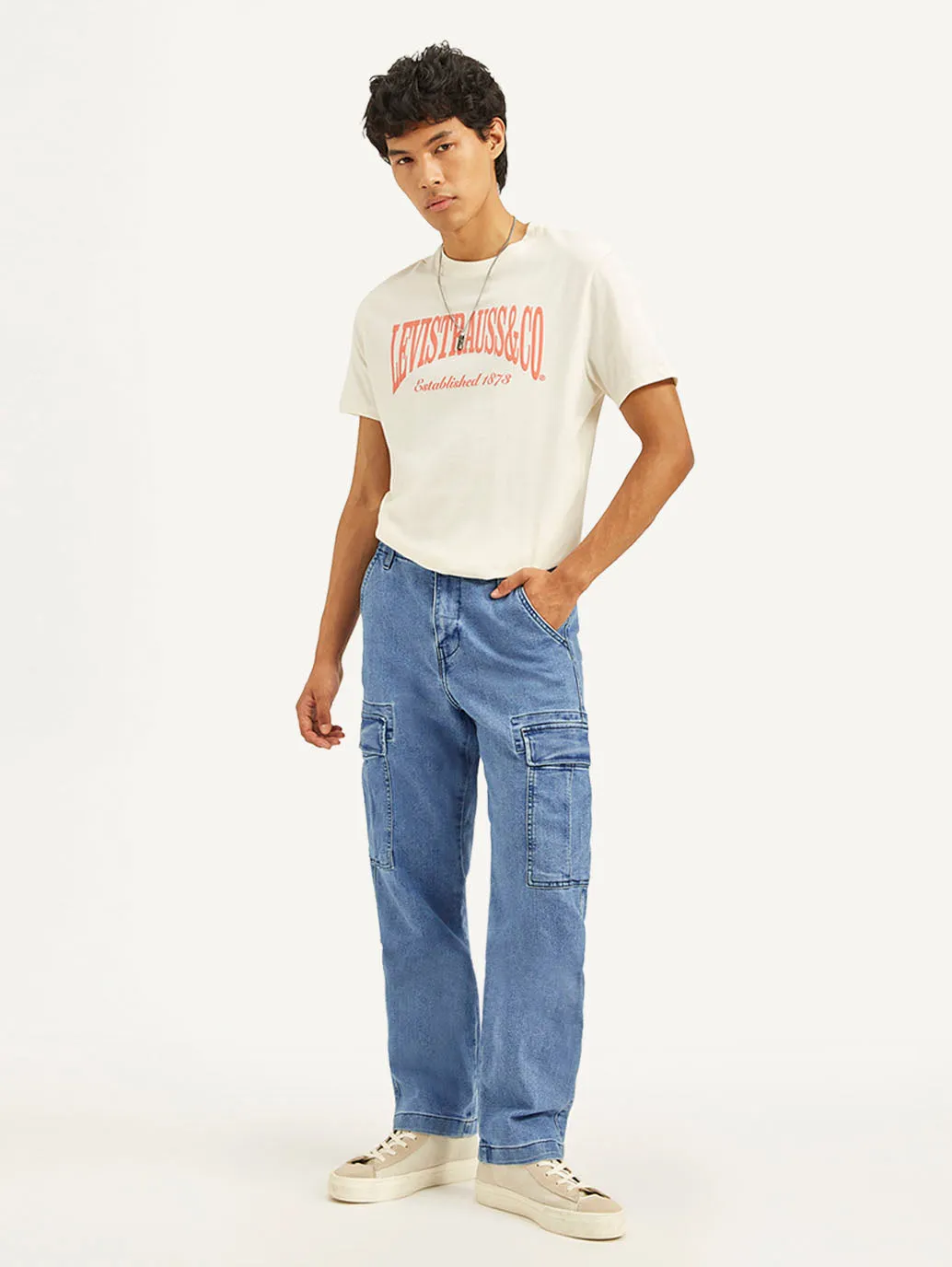 Men's Blue Straight Fit Mid Rise Cargo Jeans Relaxed Fit