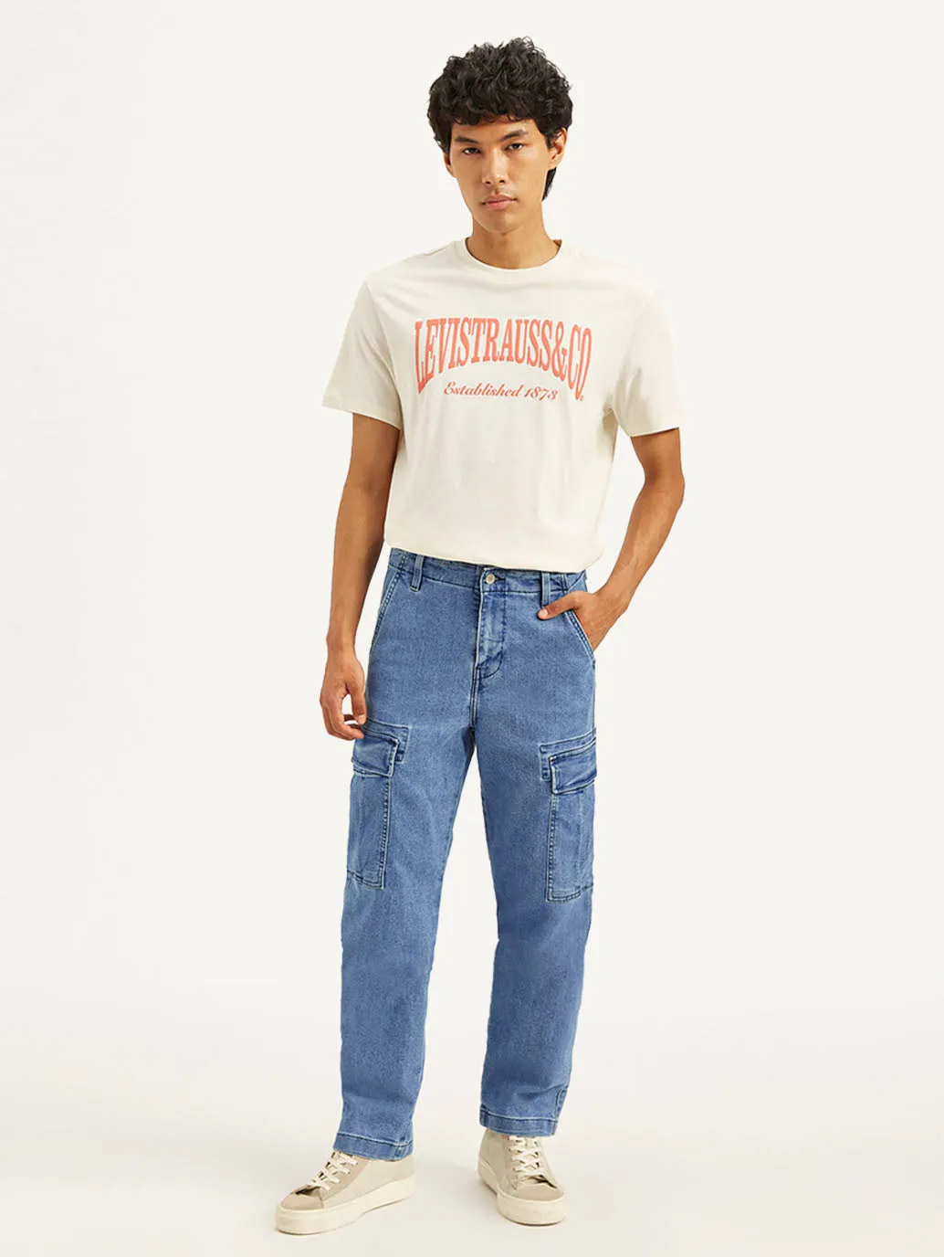 Men's Blue Straight Fit Mid Rise Cargo Jeans Balanced Style Utility Basic