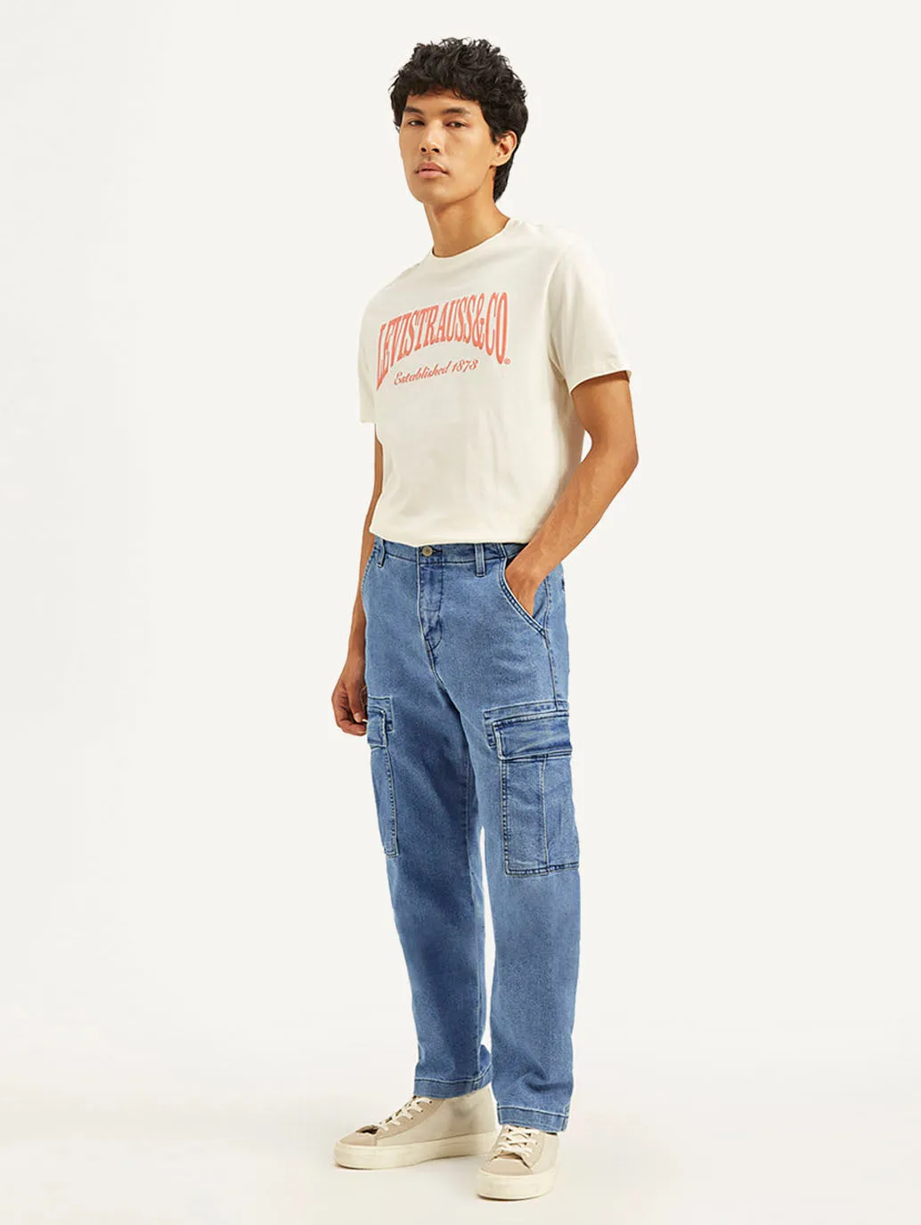 Picnic Style Textured classic clothing Men's Blue Straight Fit Mid Rise Cargo Jeans