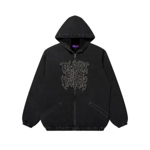 Fashion Forward METAL LOGO HOODED DENIM JACKET BLACK