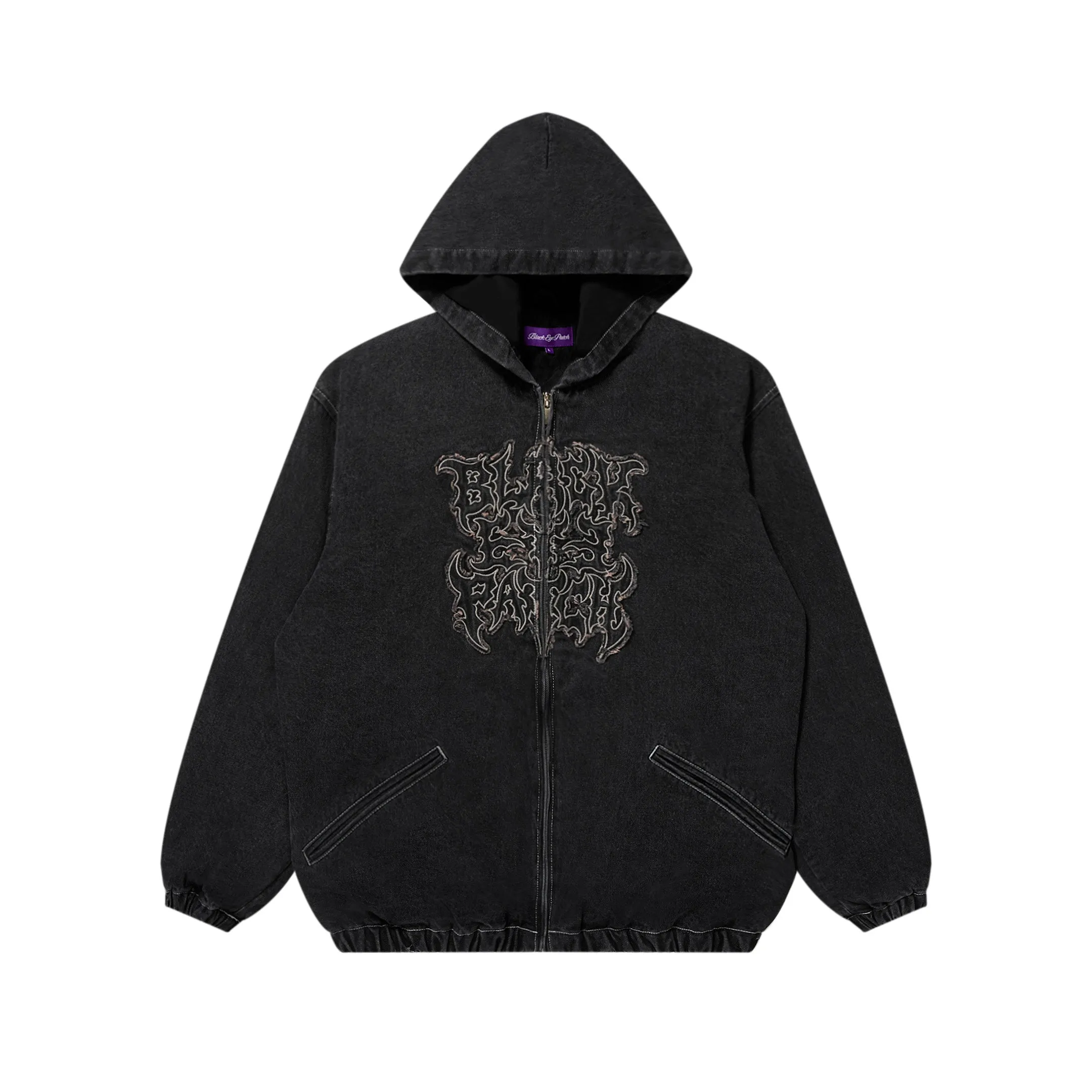 Fashion Forward METAL LOGO HOODED DENIM JACKET BLACK