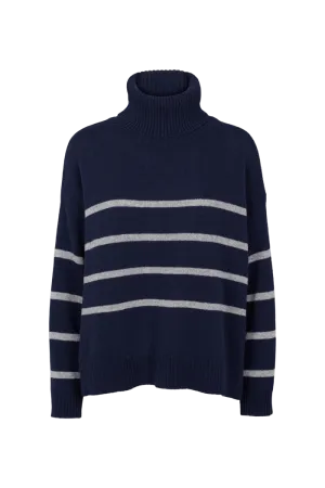 3D Knitting Technology Lise Striped T-Neck - sky captain / light grey mel.