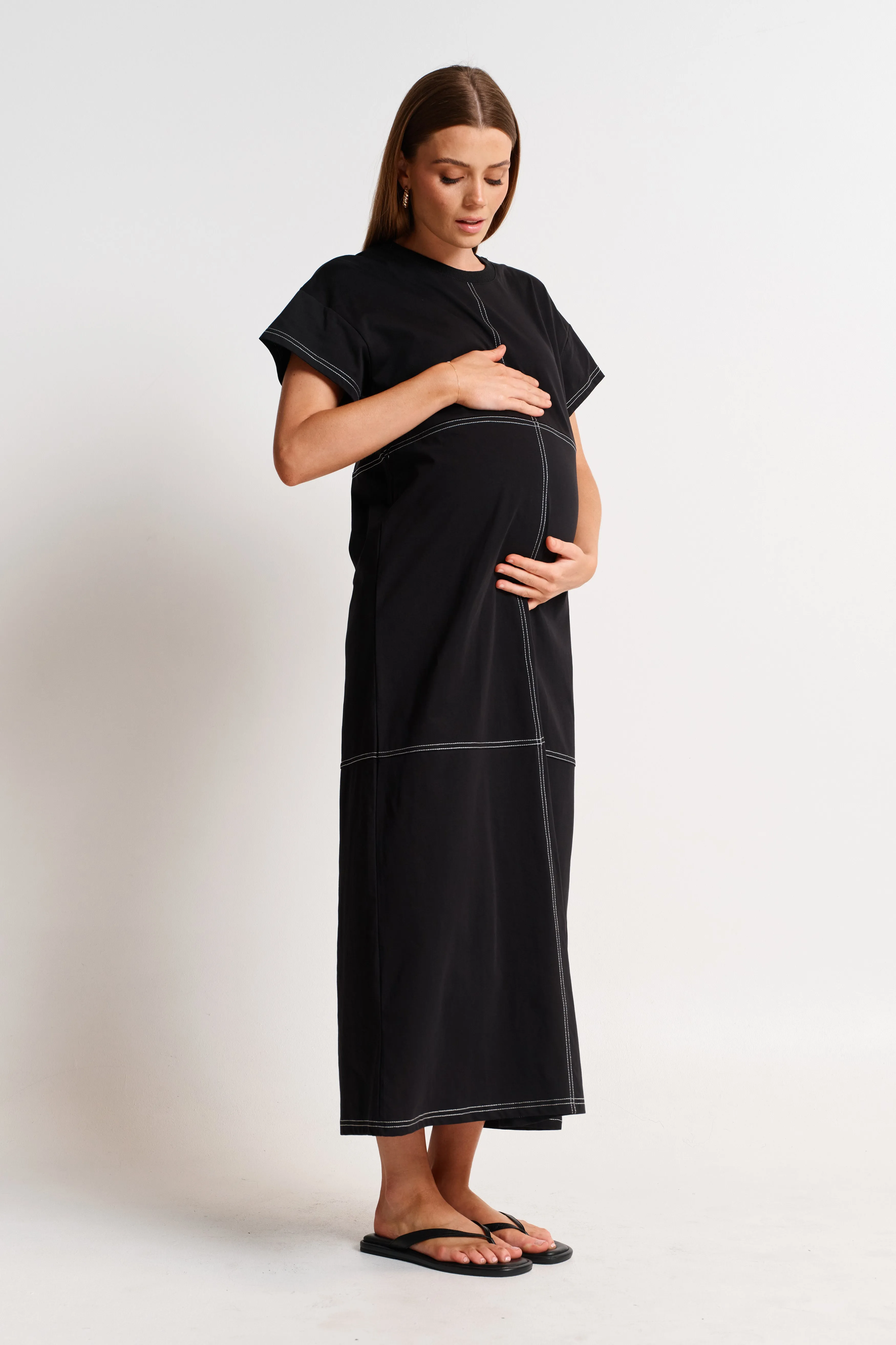 Miro Contrast Panel Midi Tee Dress - Black / White Wrap skirt Gathered waist
