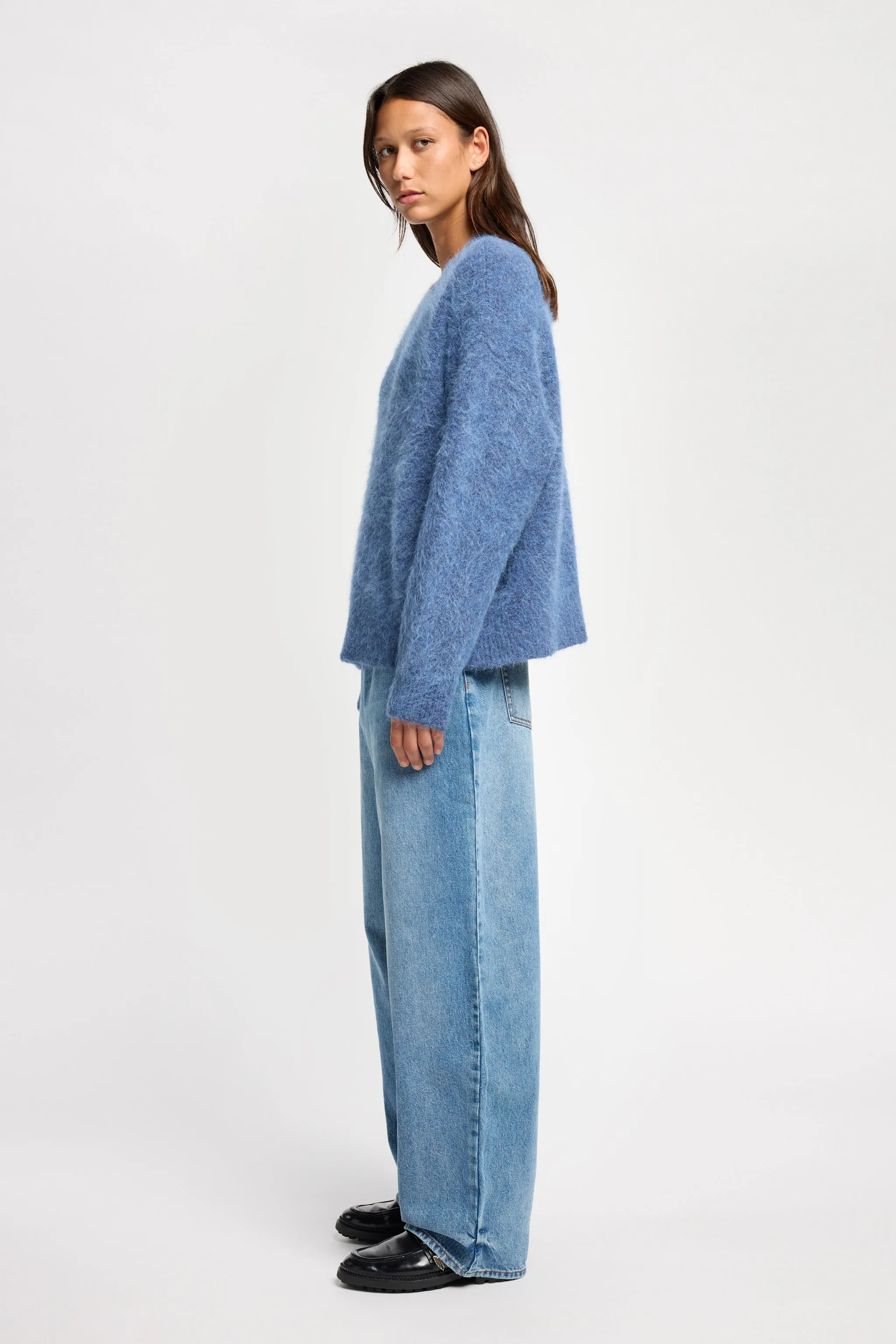 Laurel Crew Neck Knit Indigo Double Layered Stretch Knit Backing