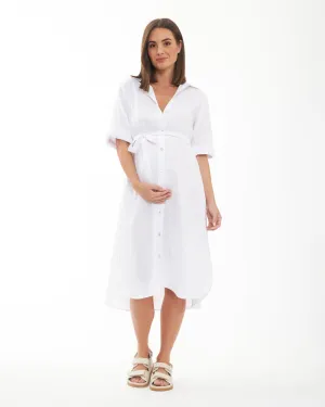 Mock neck prenatal yoga Molly Linen Shirt Dress  White