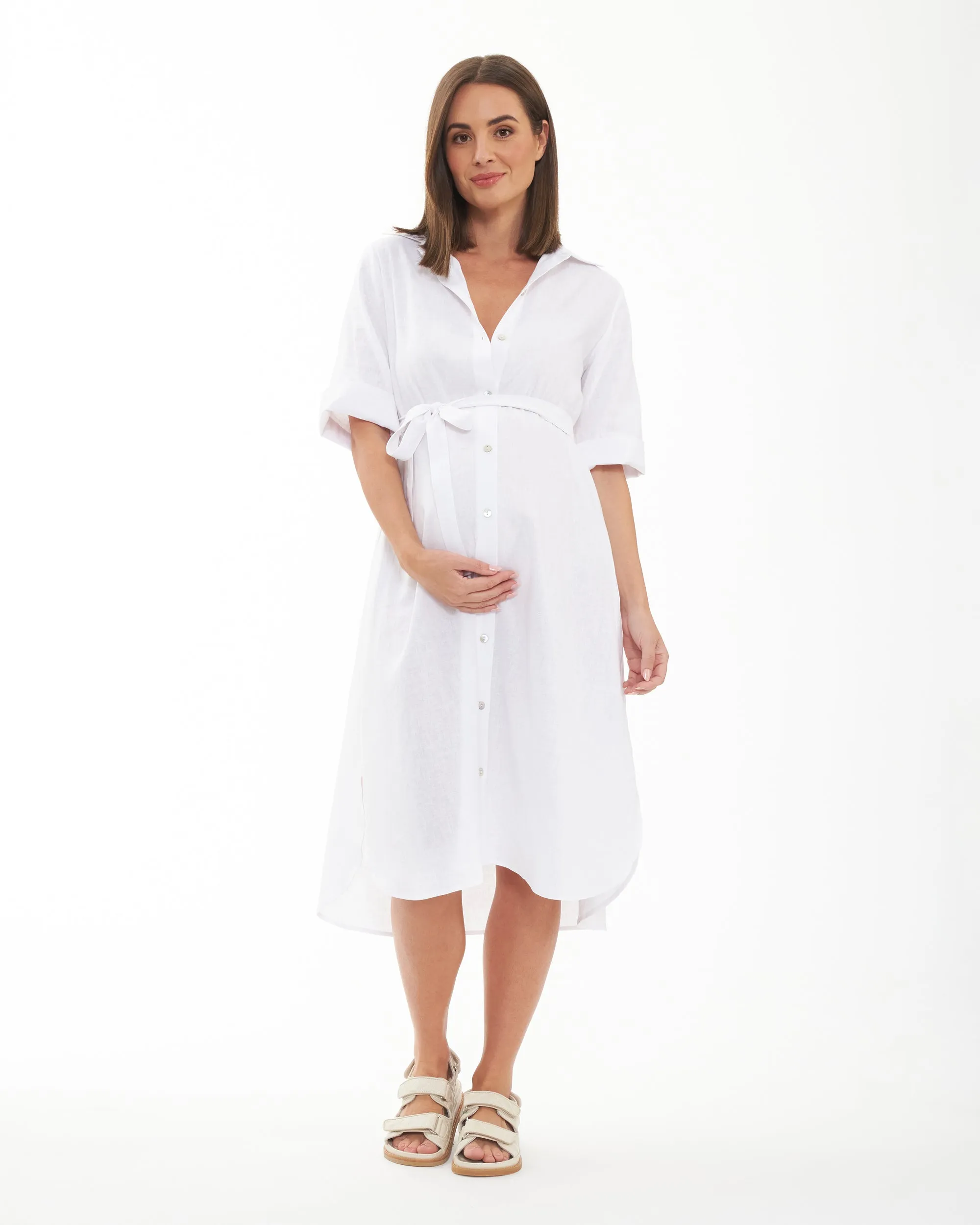 Mock neck prenatal yoga Molly Linen Shirt Dress  White