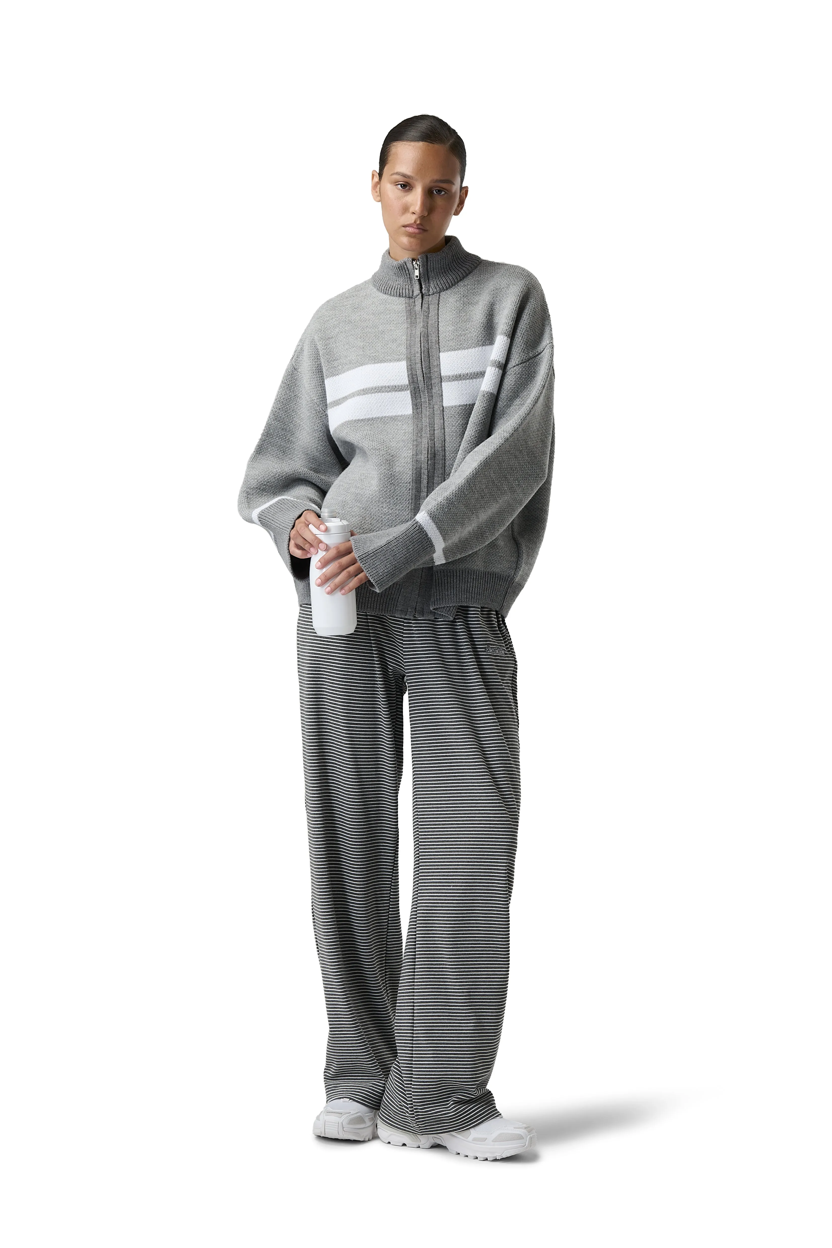 DropShoulder Design Muffle Knit Zip Up Cardigan