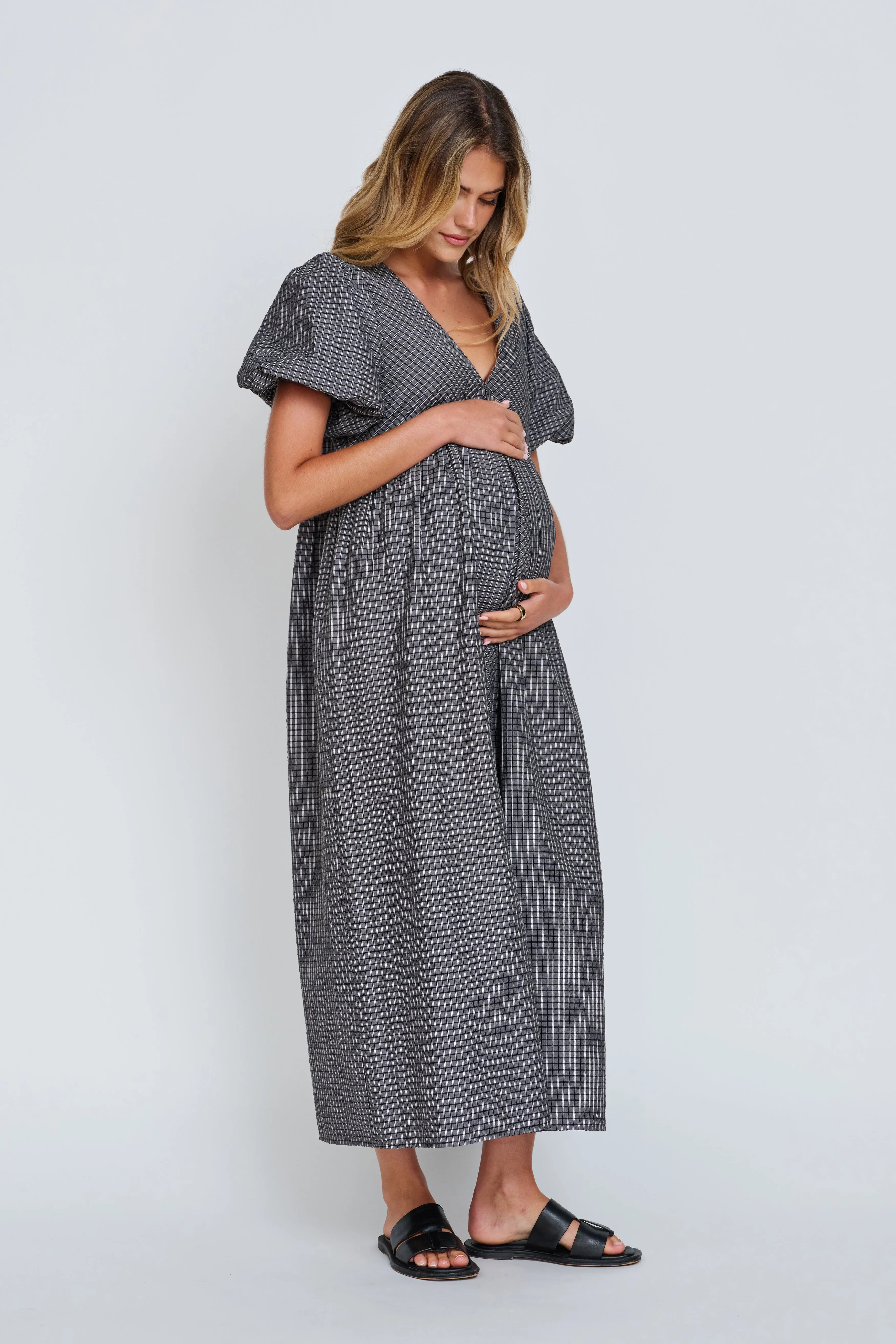 Stain Resistant Chic Mom Nara Babydoll Midi Dress - Charcoal / Black