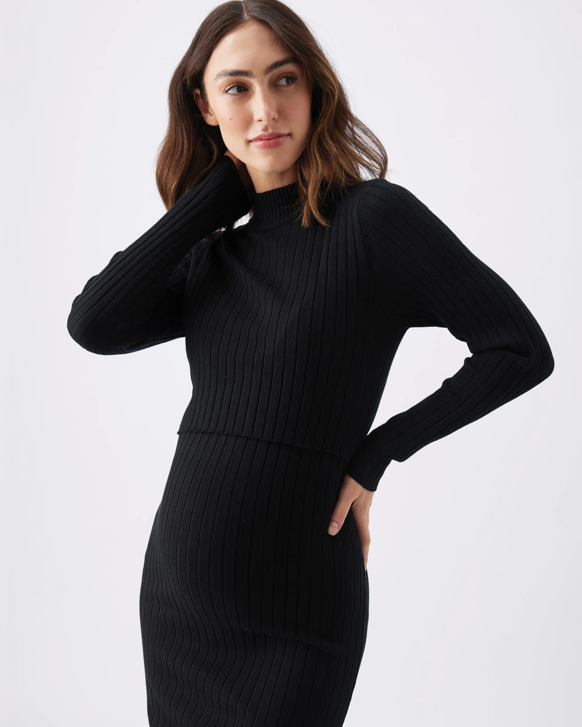Nella Rib Nursing Knit Dress  Black Matching Set High Waist