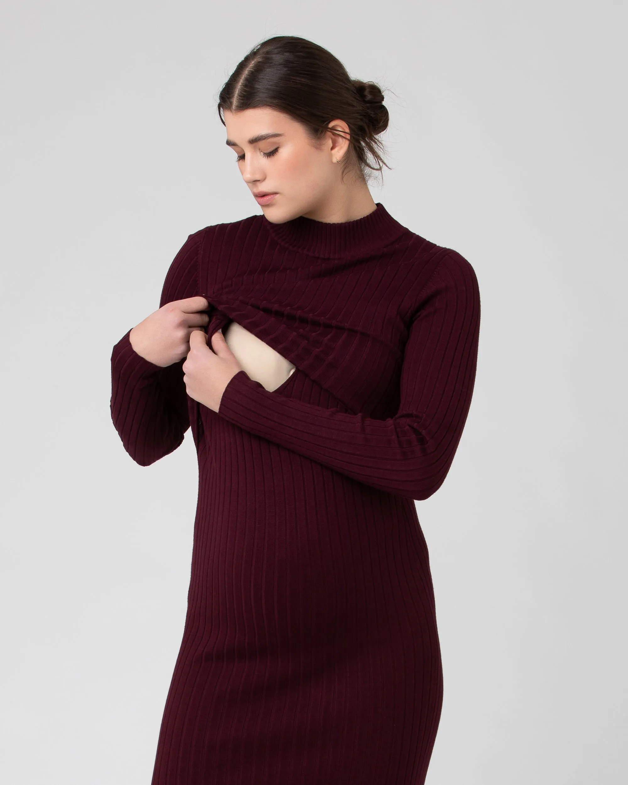 Moisture wicking Nella Rib Nursing Knit Dress  Maroon