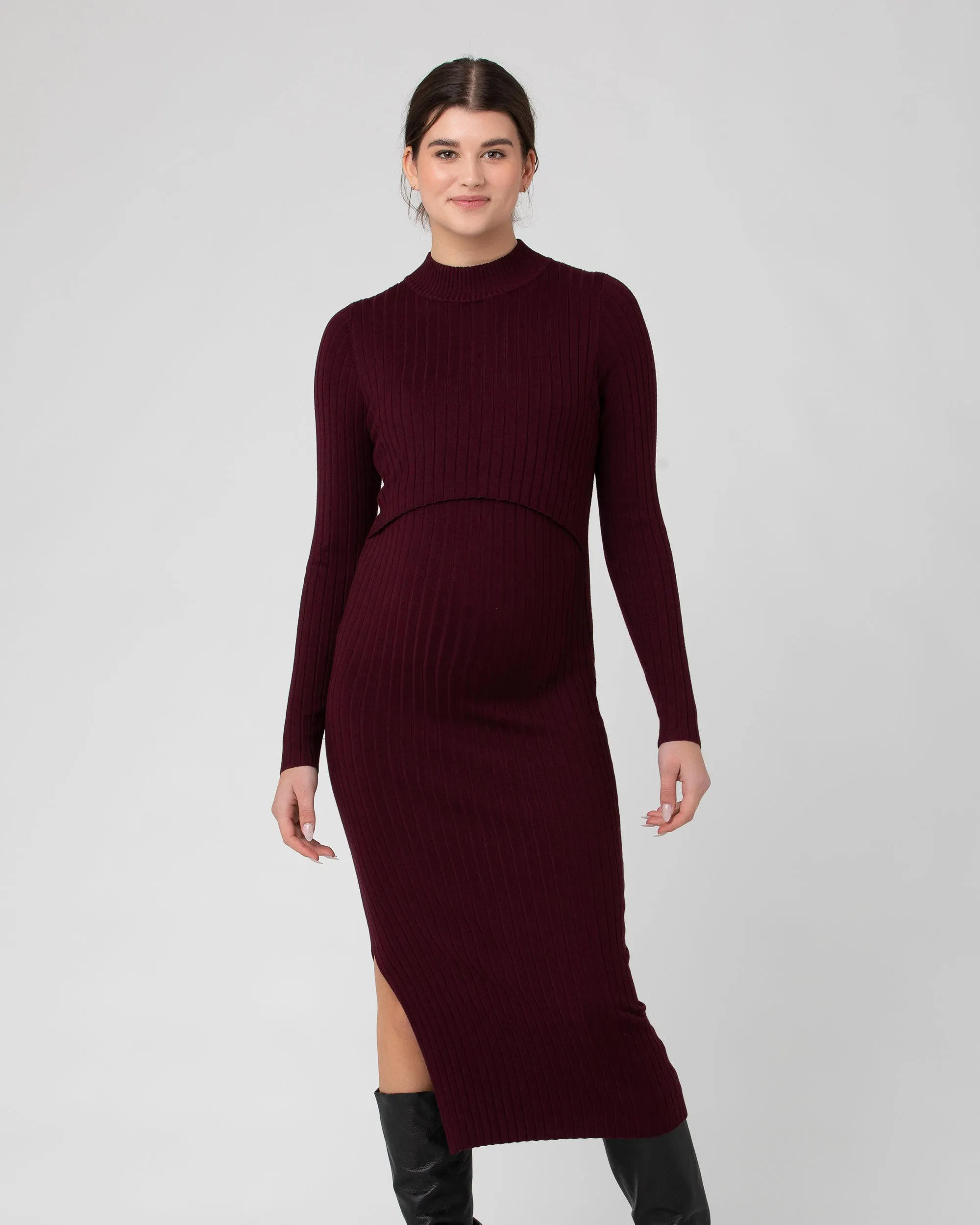 elastic waistband Organic Cotton Nella Rib Nursing Knit Dress  Maroon