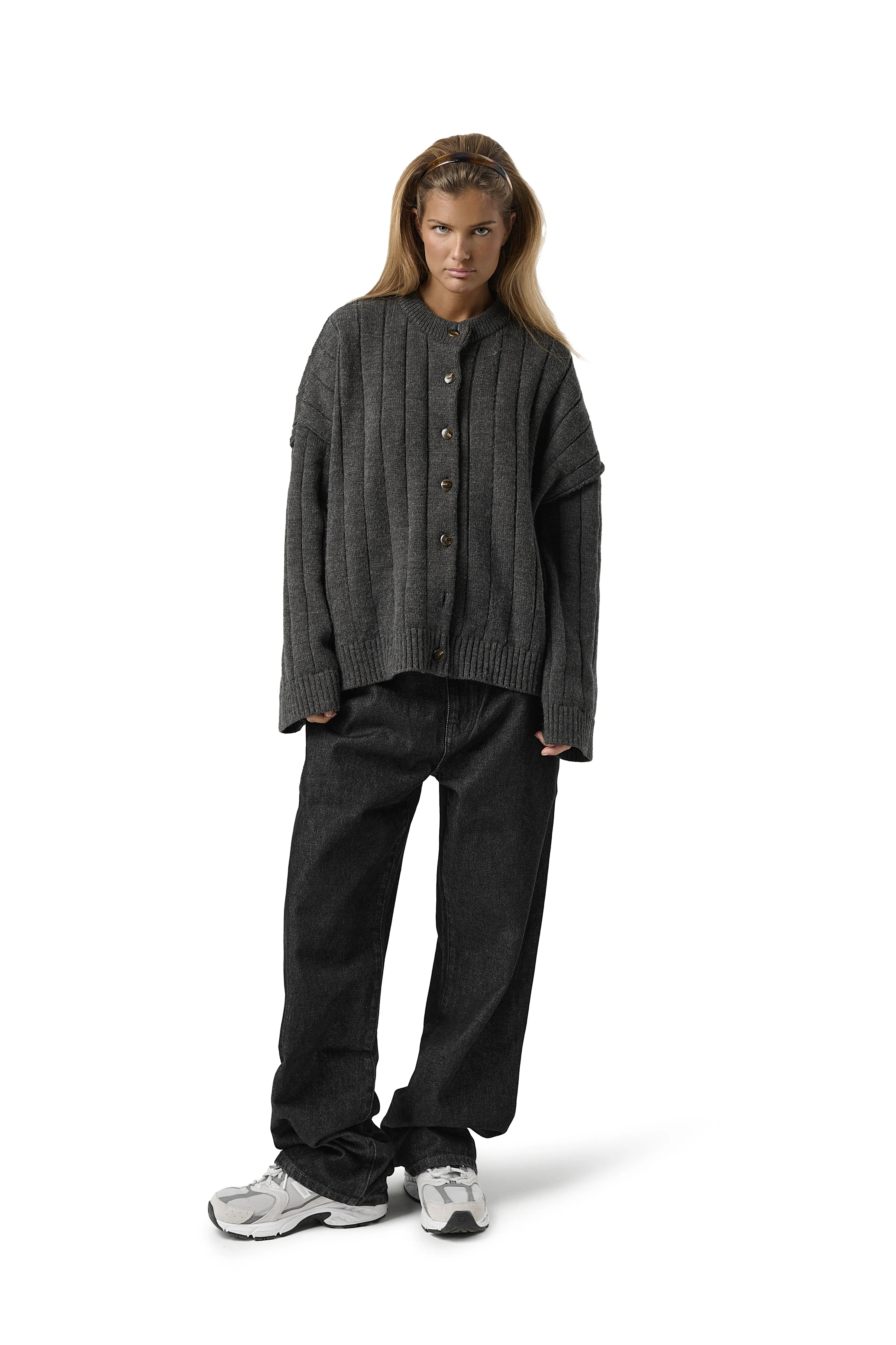 Bryant Button Cardigan in Charcoal Light Drape Soft Microfiber Surface