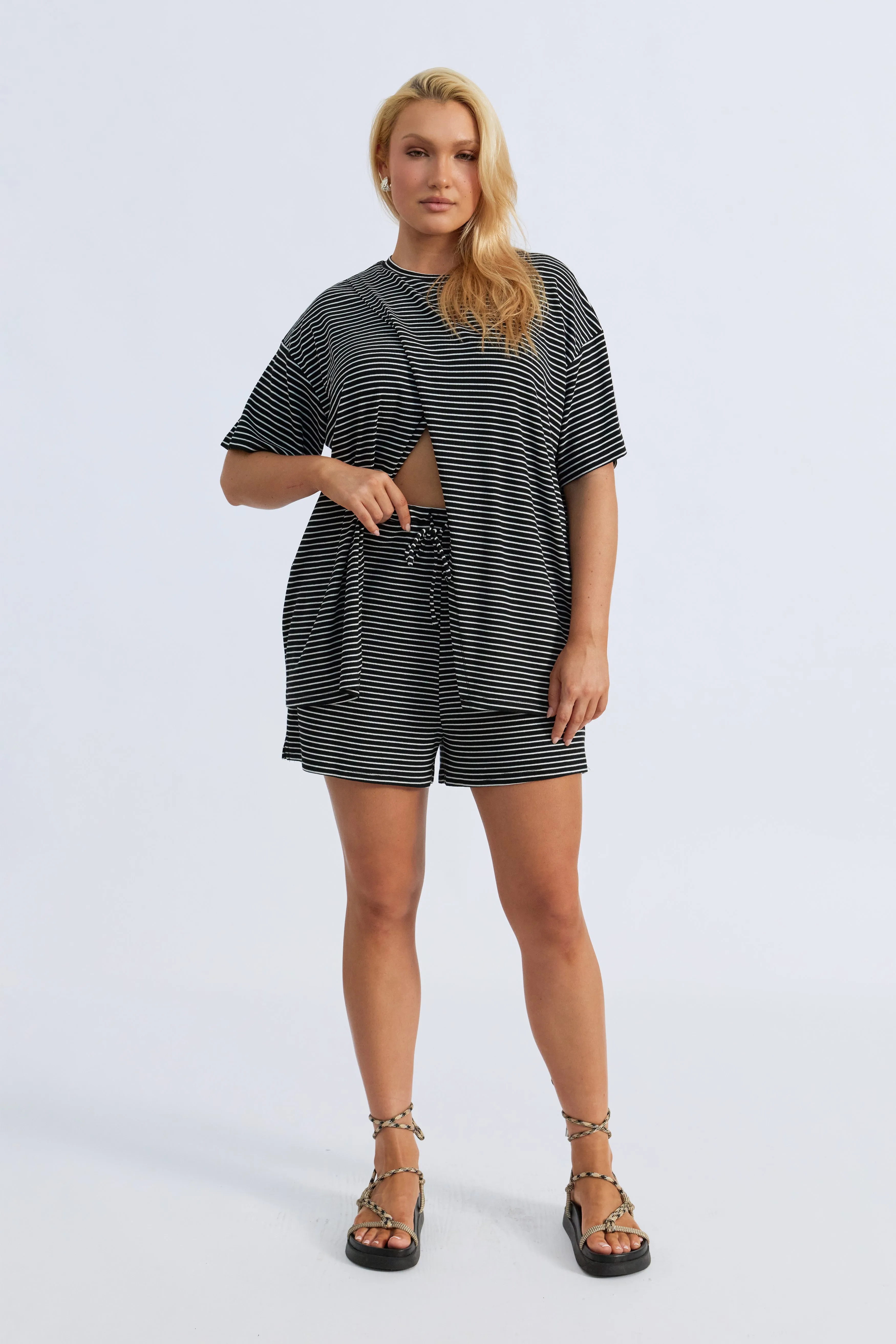 postpartum recovery Ivy Stripe Lounge Short - Black / White