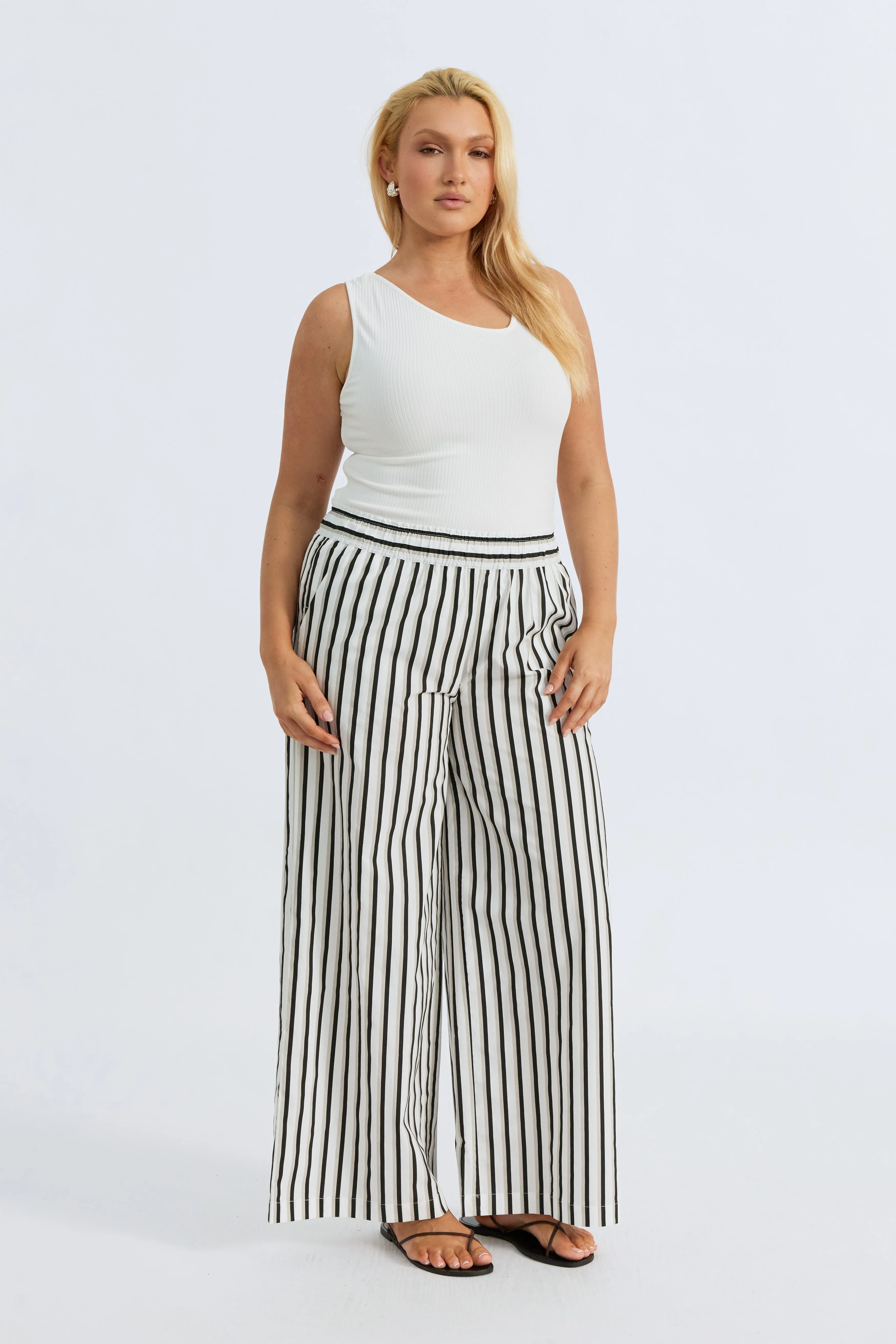 Piper Poplin Stripe Pant - White / Beige / Black maternity essentials