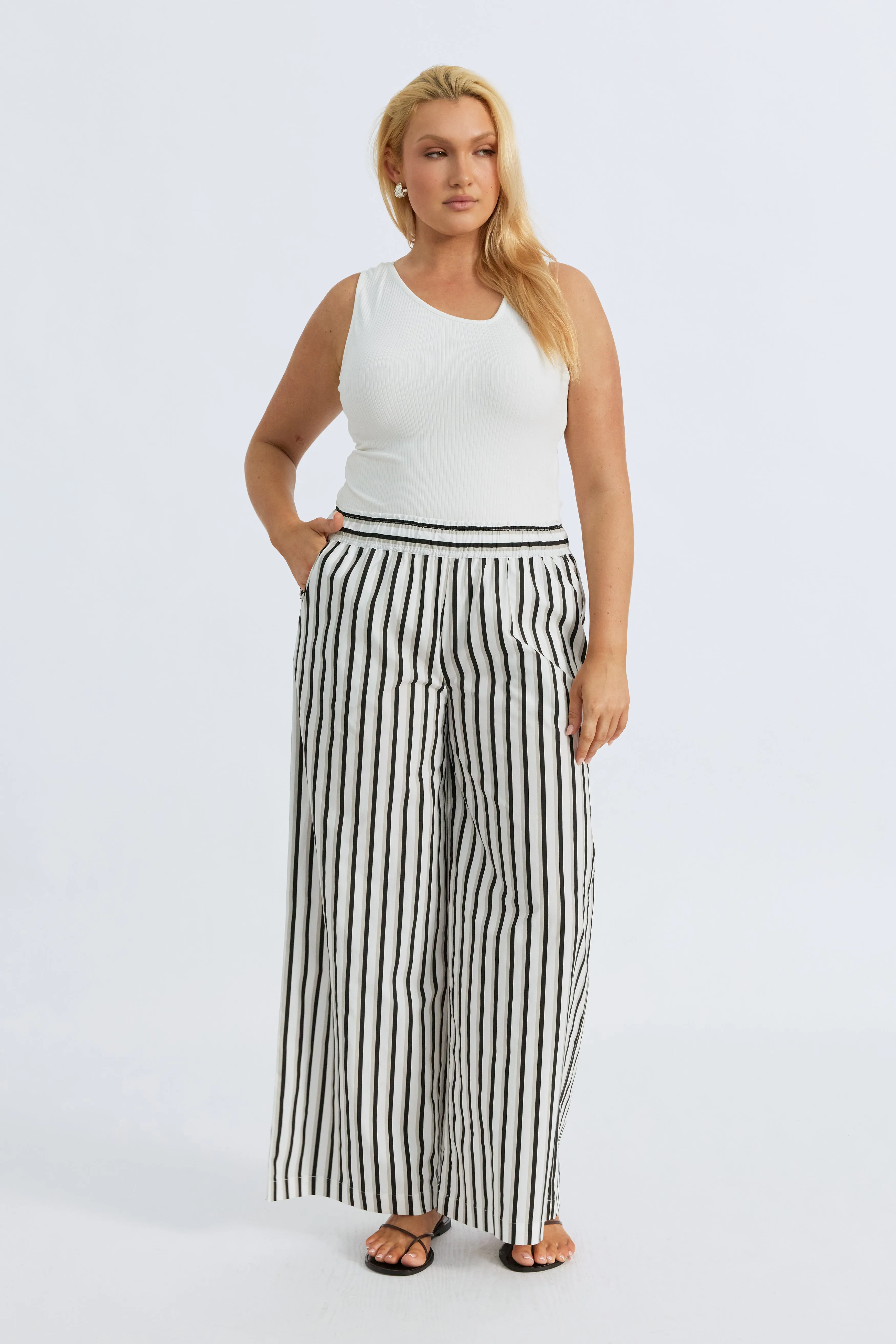 Piper Poplin Stripe Pant - White / Beige / Black breast pump compatible Comfortable fit