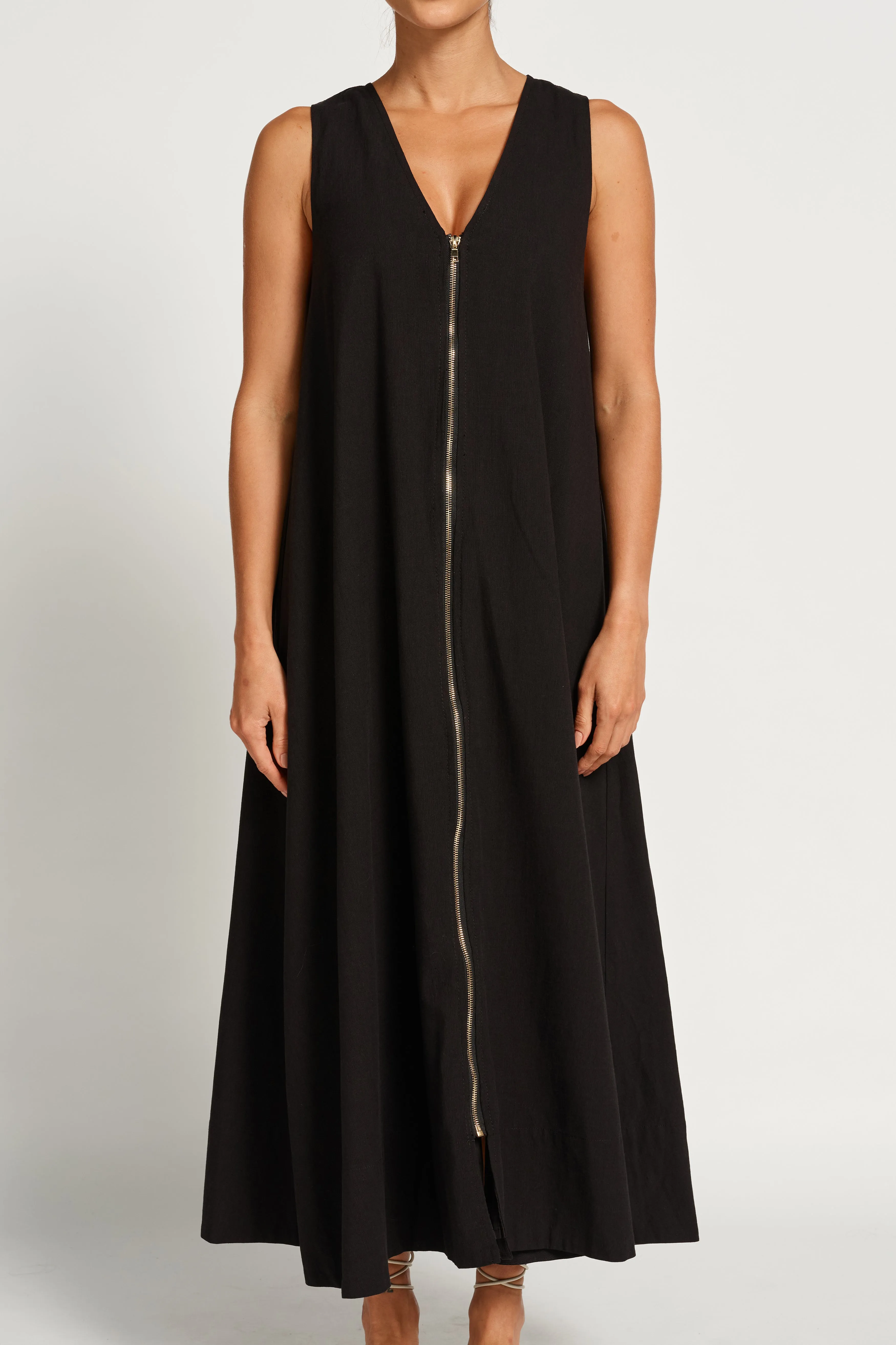 Gill Zip-Front Midi Dress - Black Stain Resistant Side Slit