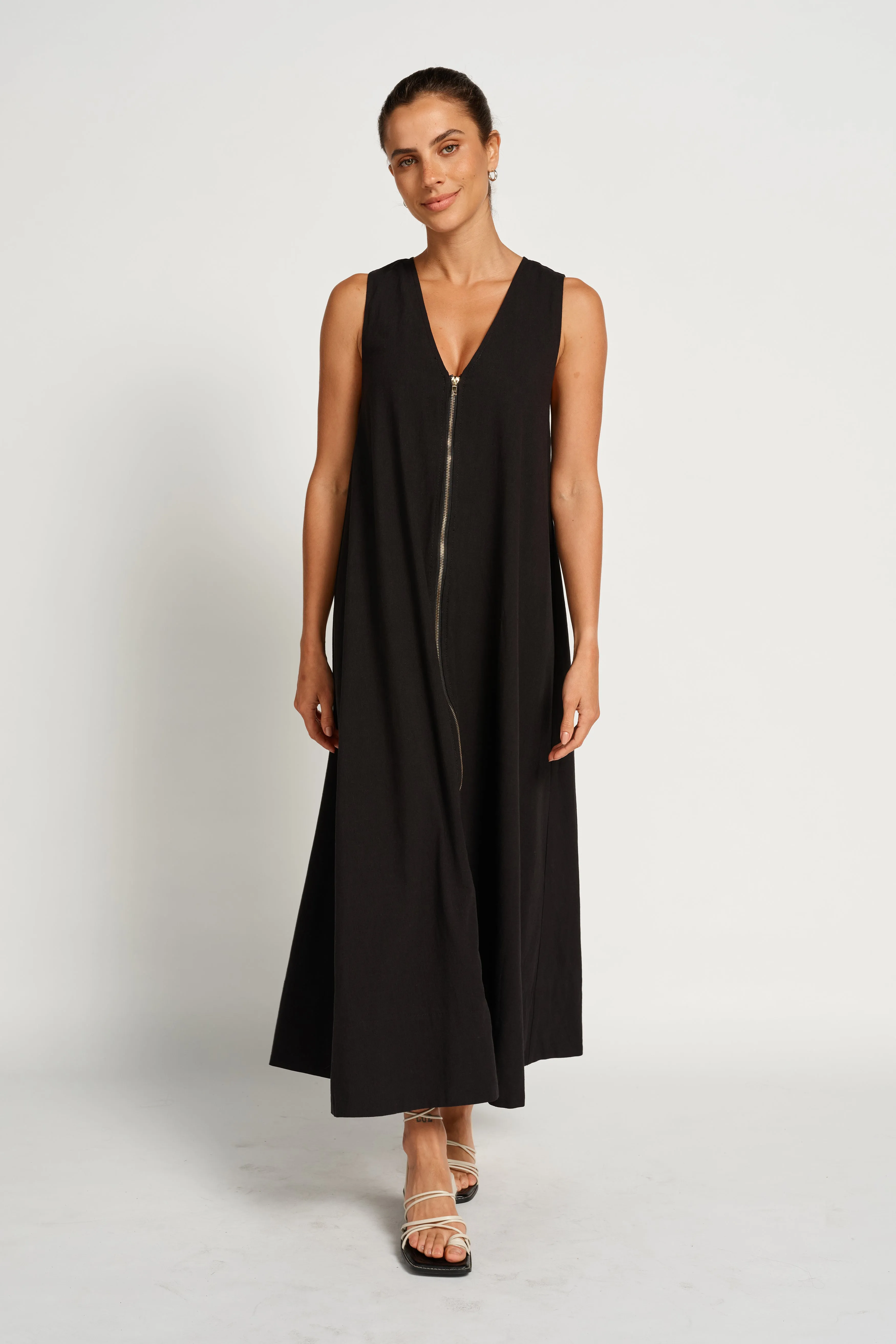 Gill Zip-Front Midi Dress - Black High Waist