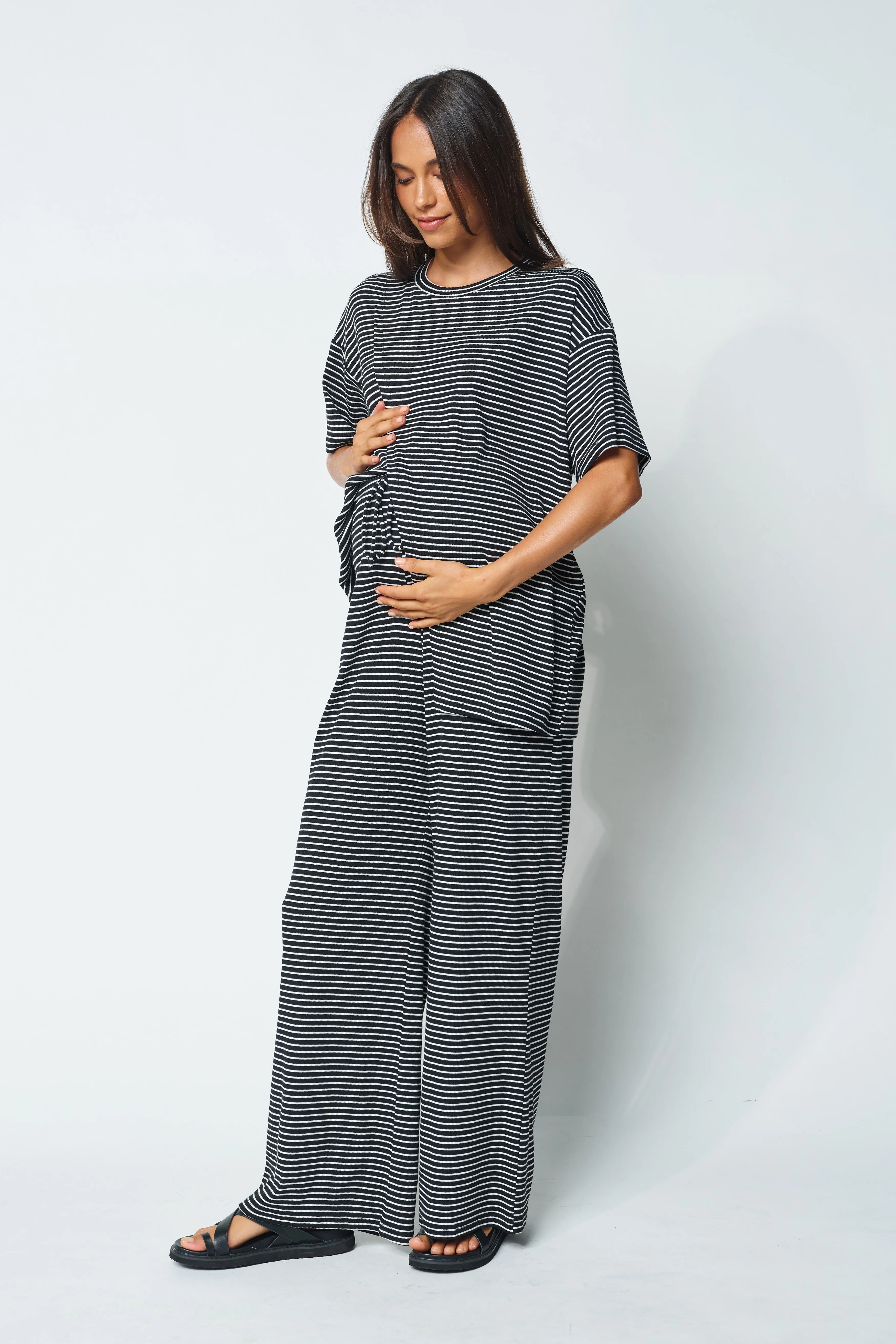 Ivy Stripe Wide Leg Pants - Black / White Maternity Shorts