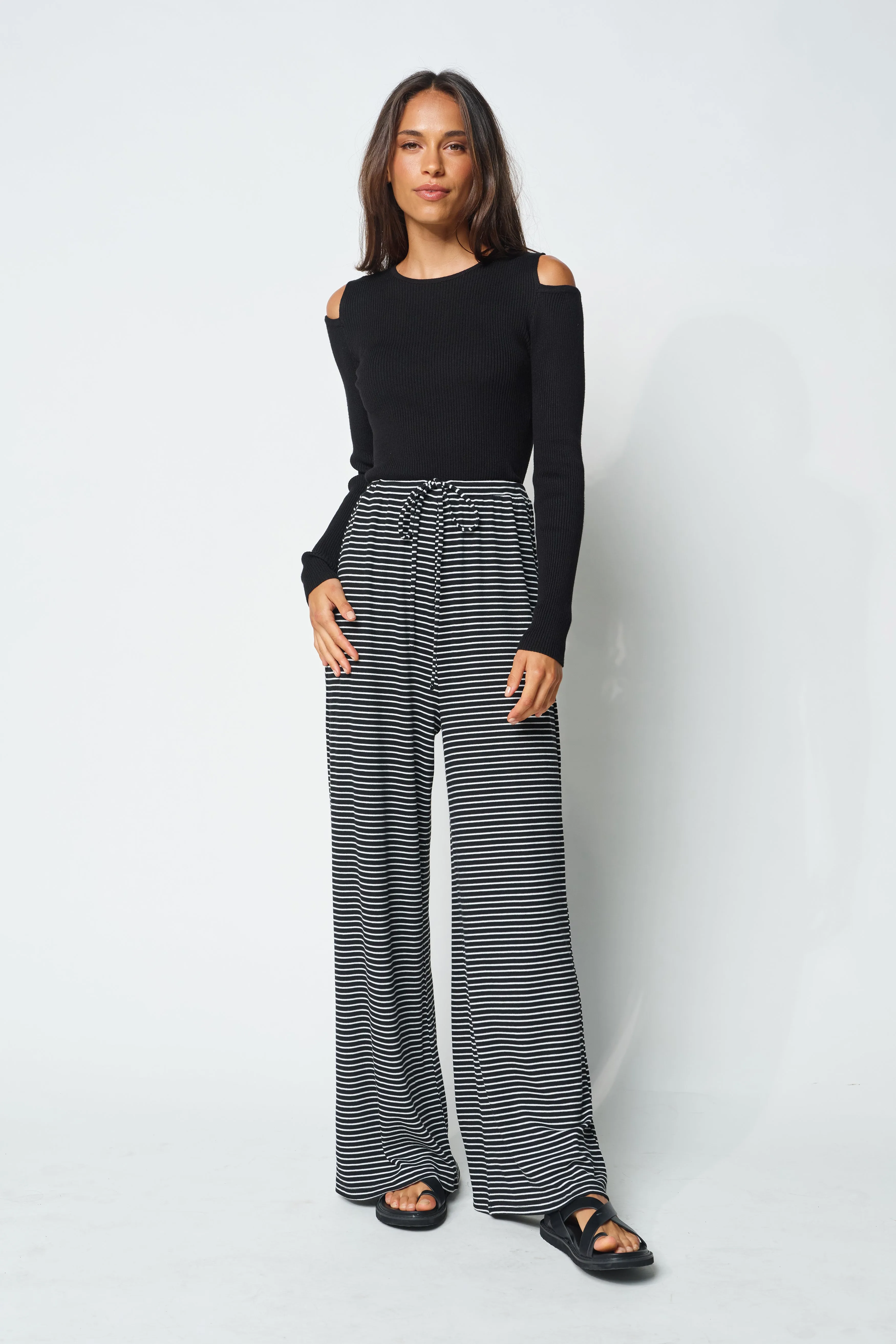 lightweight robe Ivy Stripe Wide Leg Pants - Black / White