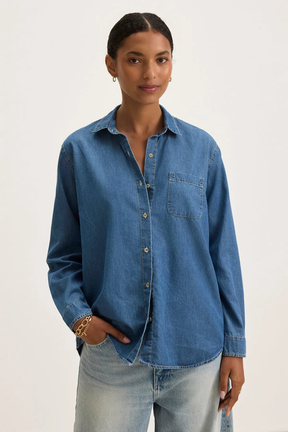 KASSA CHAMBRAY SHIRT Flexible Knit Multi Pocket Utility