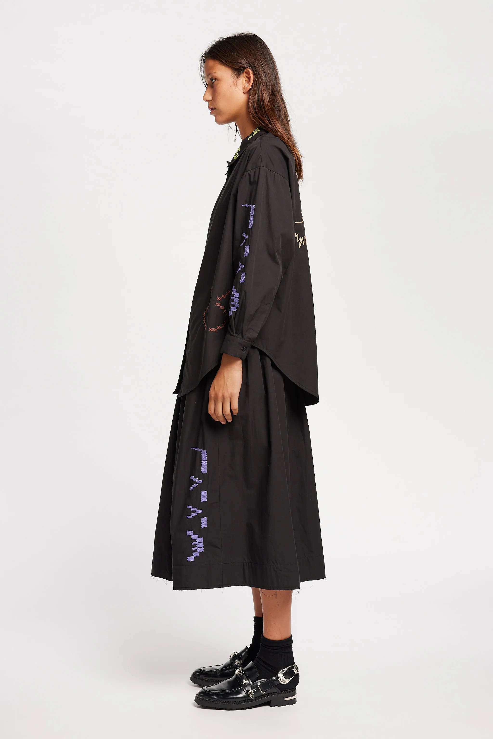 One World Embroidered Shirt Black Street Wear