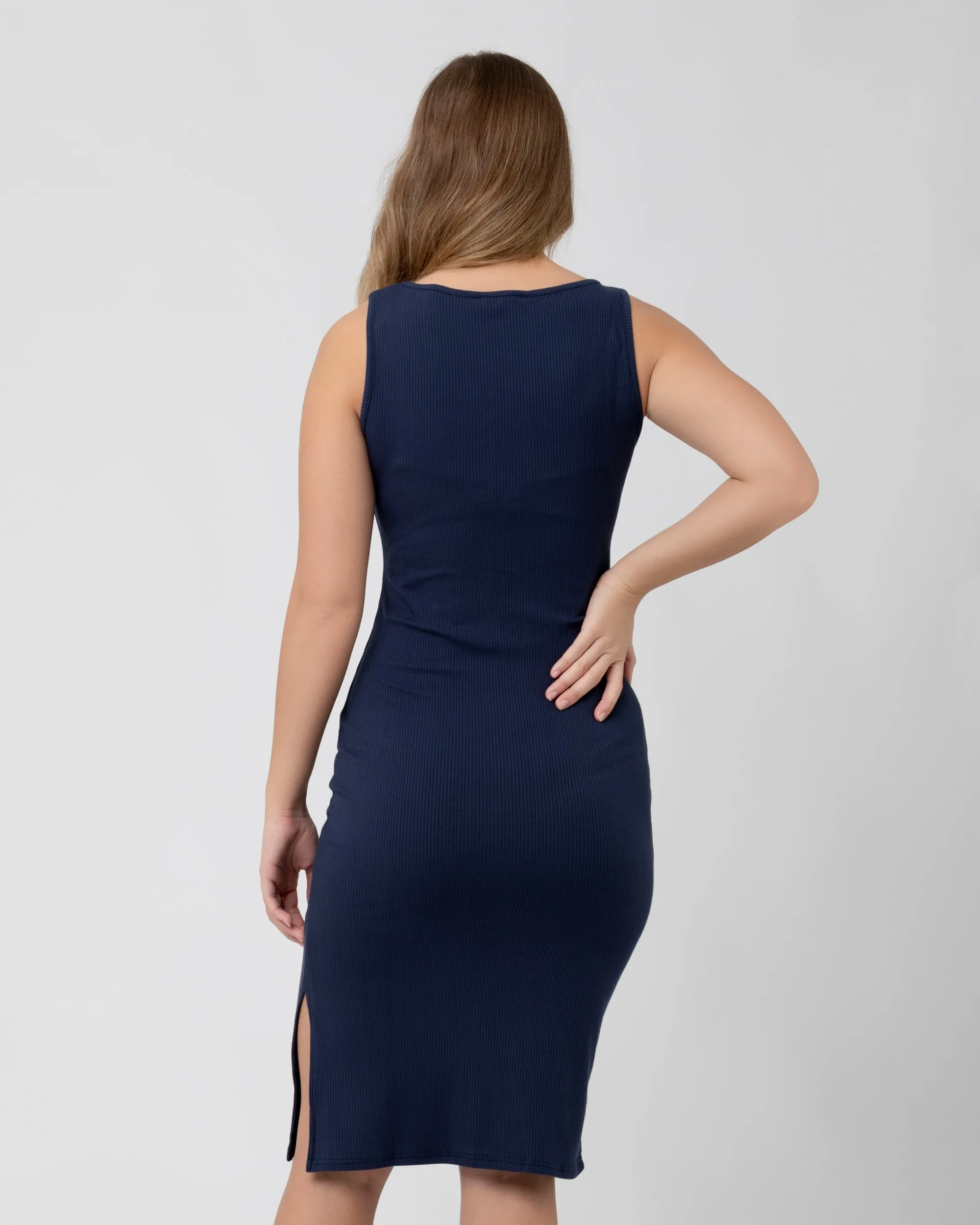 Penny Button Down Rib Dress  Navy Round Neck