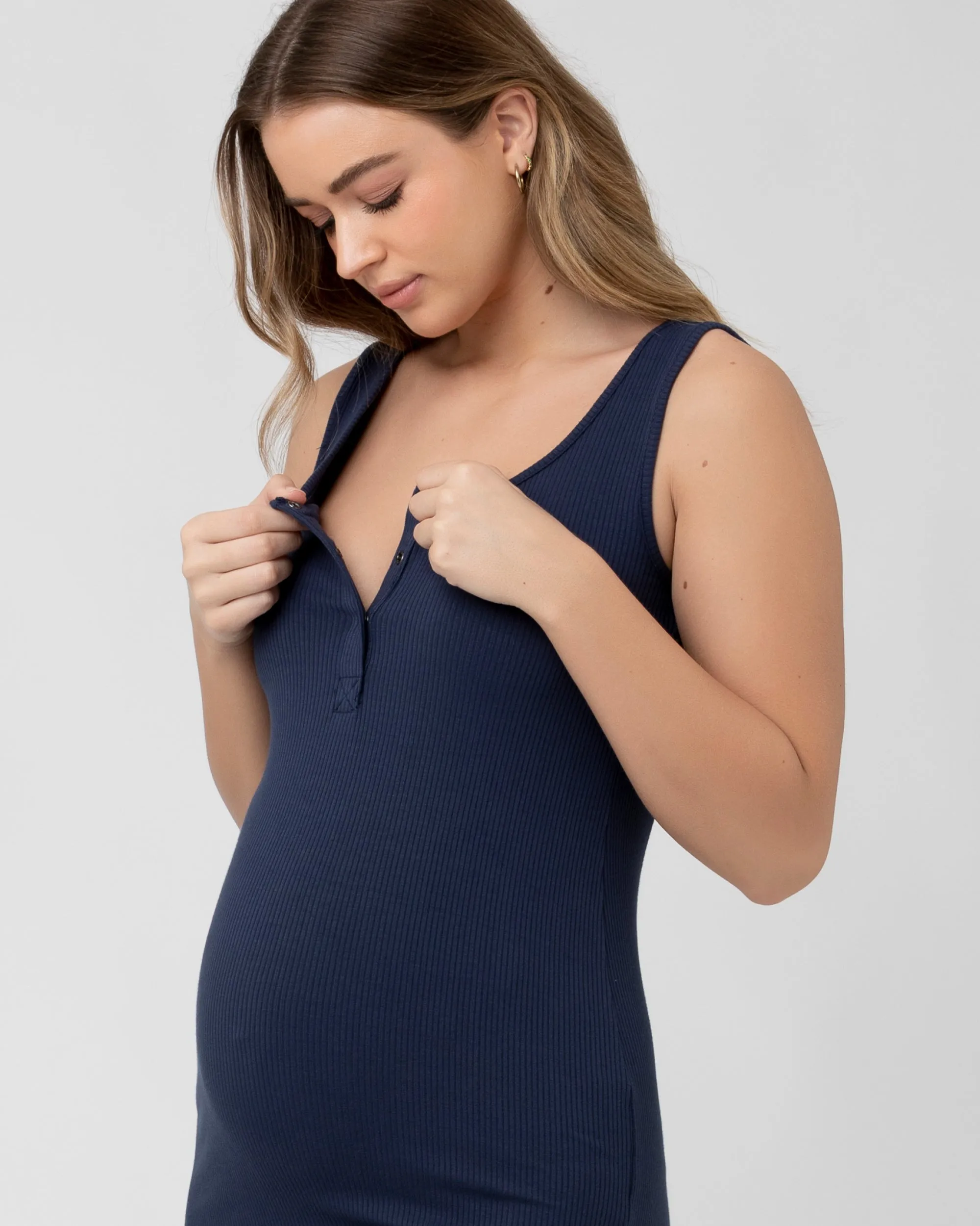 supportive bra sleepwear for mom Penny Button Down Rib Dress  Navy