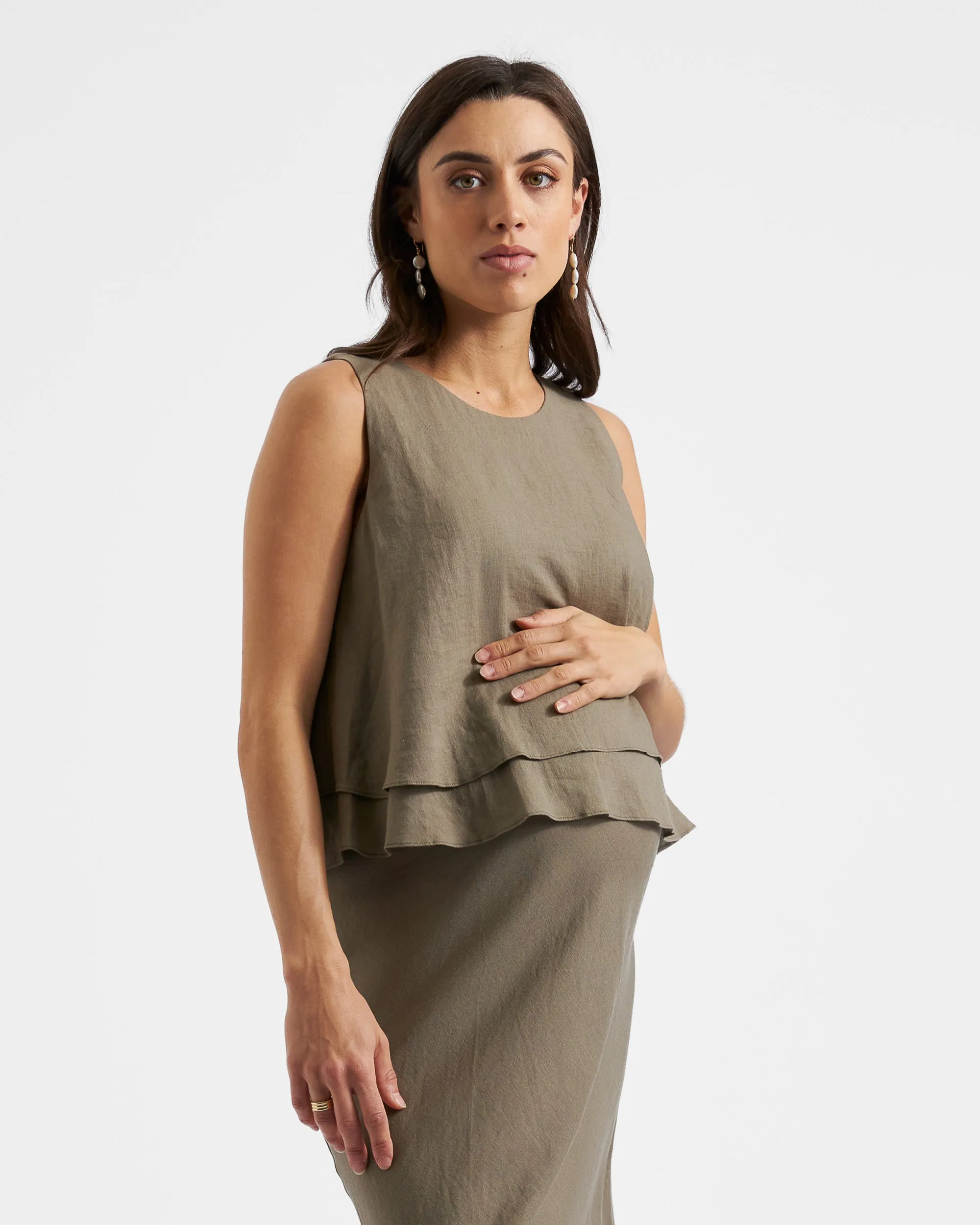 Peyton Linen Nursing Top Olive Patch pockets