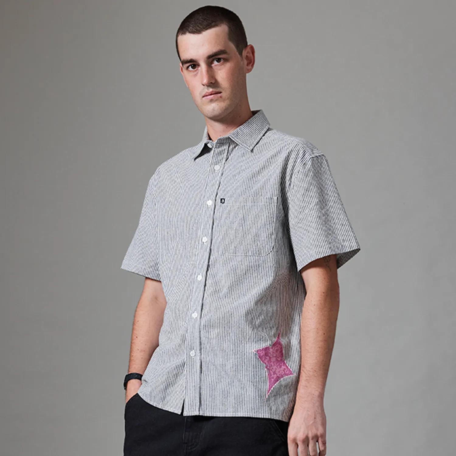 Pass~Port Glint Workers Short Sleeve Shirt - Black Twill Weave Durable Buttons