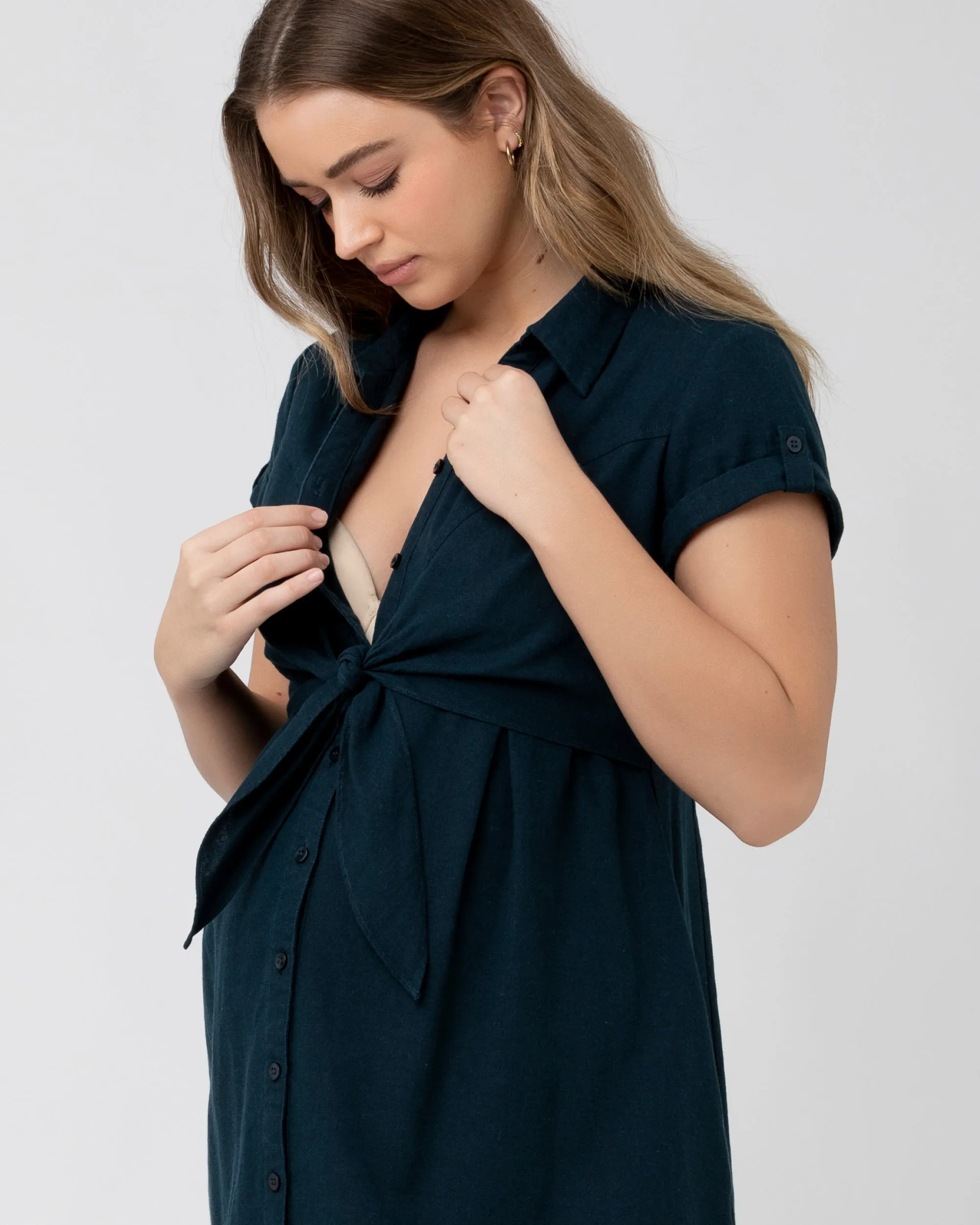 Lace Overlay Polka Dot Colette Tie Up Linen Dress Biro