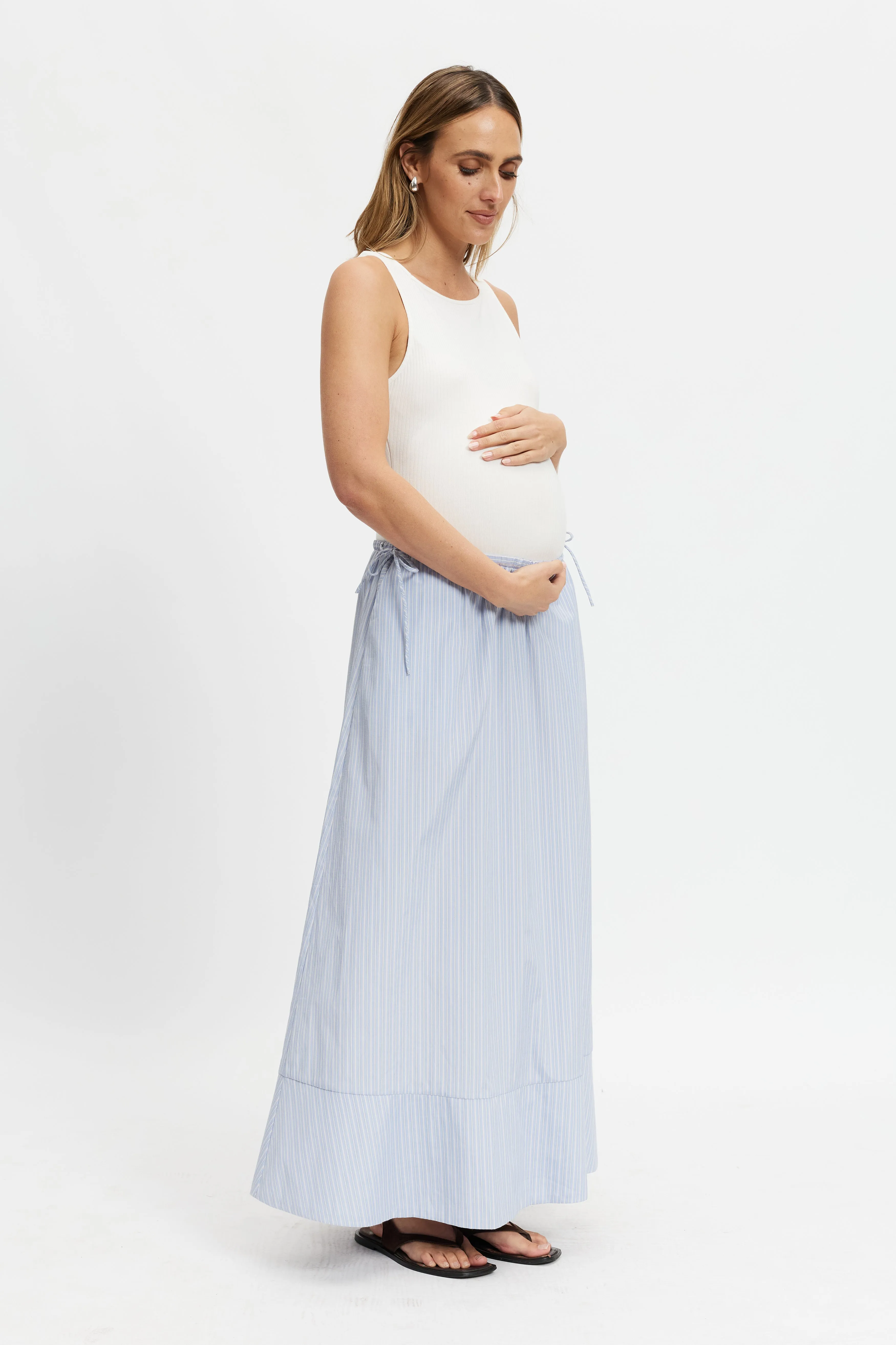 Soft Waistband Floral Print Skye Stripe Poplin Midi Skirt -  Blue Multi